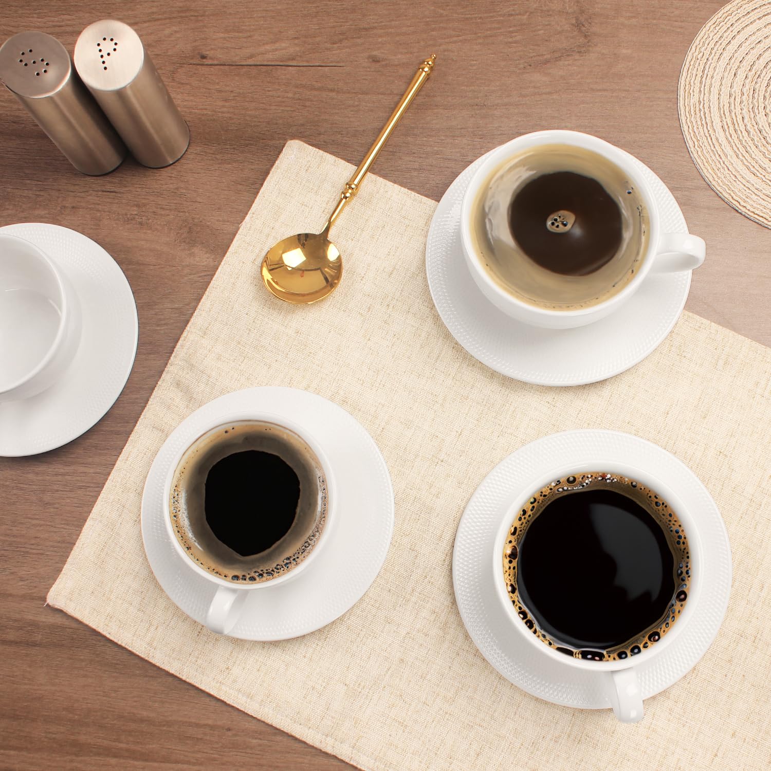 Juego de tazas de café, taza de té de cerámica con platillo, tazas de espresso de 8 piezas, tazas apilables, para café con leche, té caliente, capuchino, moca, cacao, lavavajillas, horno,