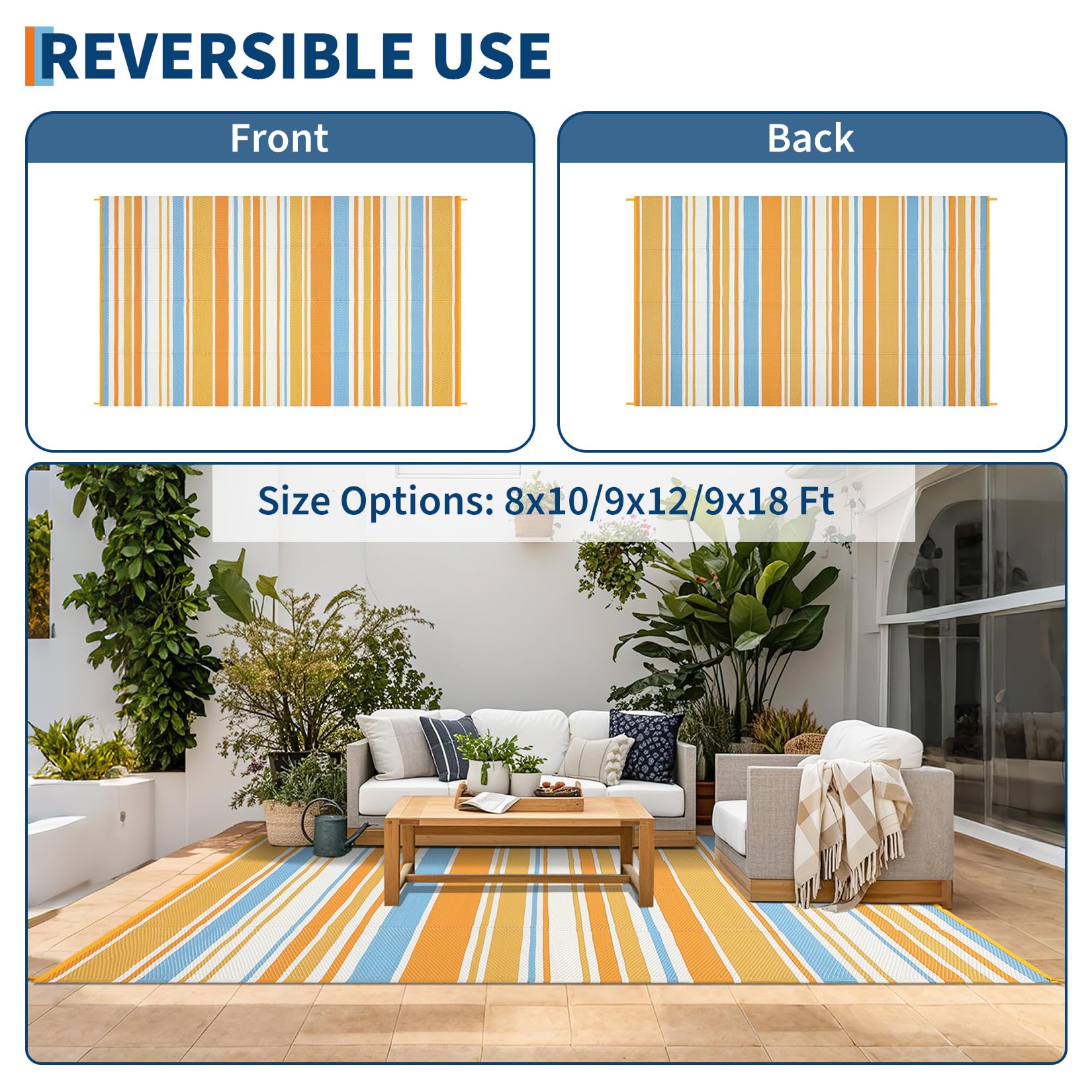 Tapis d'extérieurérieur Moderne et réversible – Résistant UV et imperméable, Paille Plastique, Facile à Nettoyer, idéal terrasse, Jardin, Plage, Camping – Bleu/Orange/Jaune/Blanc, 9x12ft