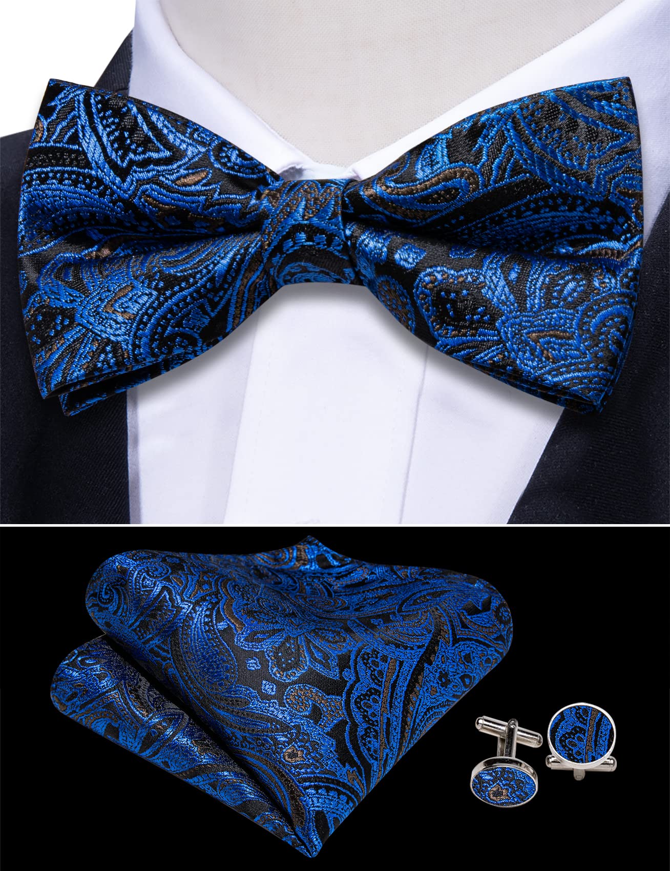 Barry.Wang Cummerbund Bow Tie Set for Men, Silk Cummerbund Pretied Bow Tie Pocket Square Cufflinks