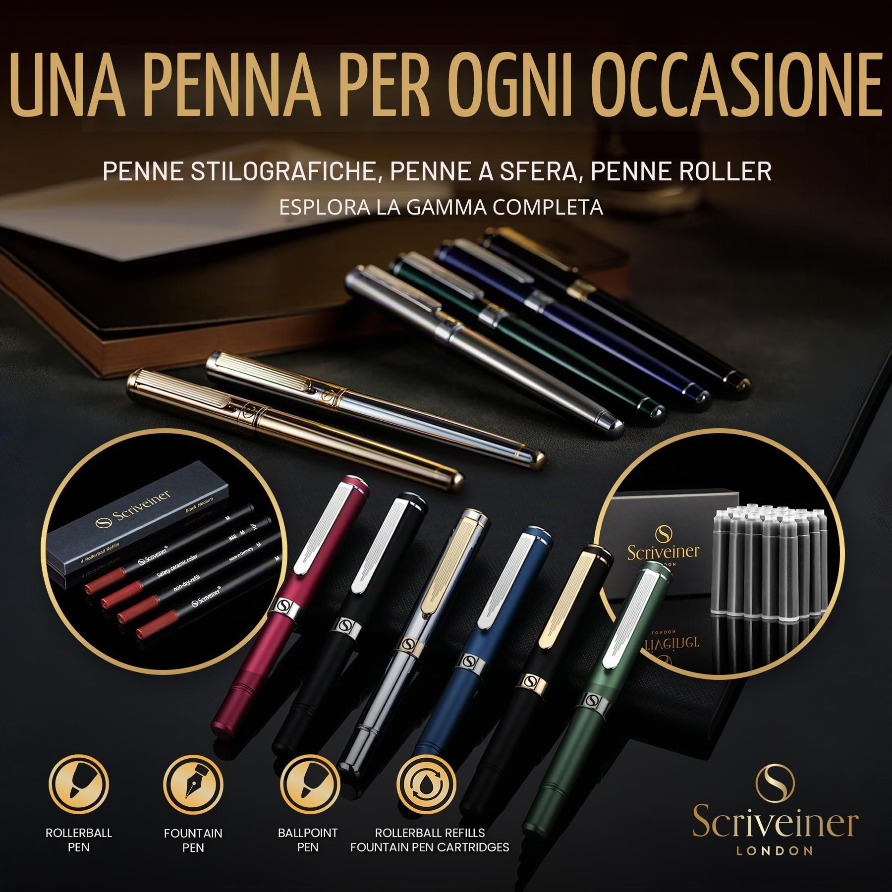 Scriveiner Penna stilografica qualità premium con finitura in Placcato in Vero Oro, Penninoi medio, argento cromato