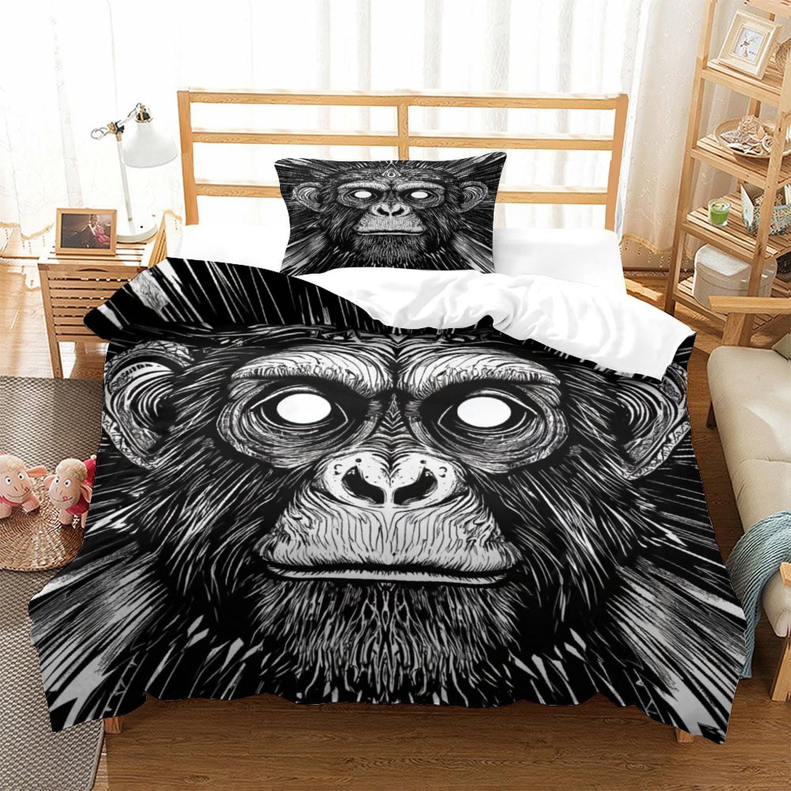 P1S9U7W5Y Artistic Monkey 3D Printed Microfiber Duvet Cover Set 3pcs Creative Monkey Bedding Set Single（135x200cm）