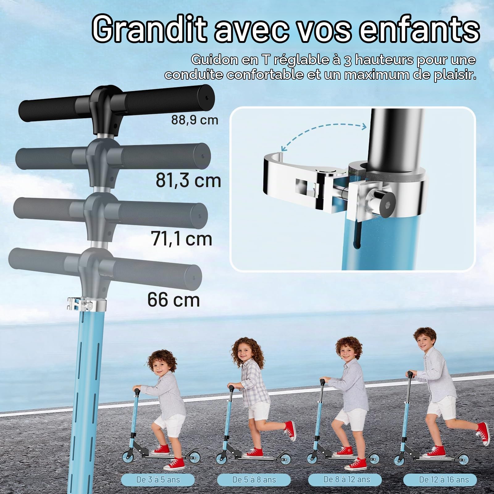 Trottinette à 2 roues pour enfants de 3 à 12 ans, roues lumineuses et tige à DEL, hauteur réglable et pliable, trottinette de sport légère pour filles et garçons avec béquille