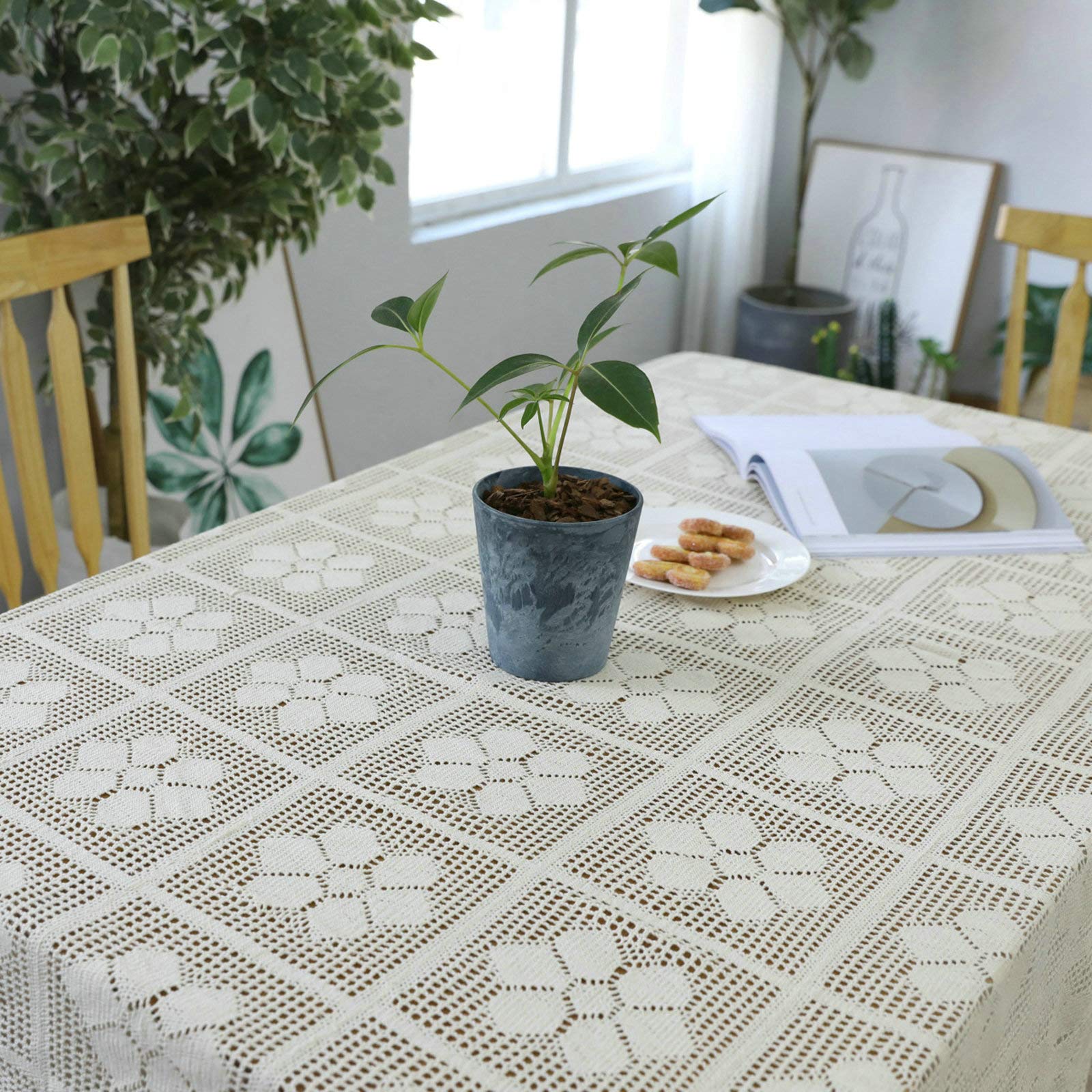 Aeici - Tovaglia di compleanno per matrimonio, rettangolare, in cotone lino, con motivo floreale, 6 petal all'uncinetto, 140 x 220 cm, colore: Beige