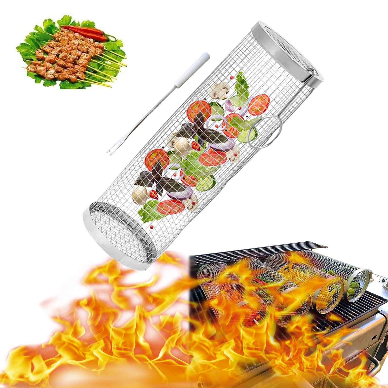 Koszyk do grilla okrągły ze stali nierdzewnej, na zewnątrz grill ze stali nierdzewnej kosz na ognisko grill kratka kemping piknik naczynia kuchenne, akcesoria do grillowania, L, 4 szt