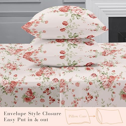 Miniatura 4 de YIYEA Juego de sábanas tamaño Queen, sábanas de hotel de lujo de 1800 hilos de microfibra doble cepillada con estampado floral para cama tamaño