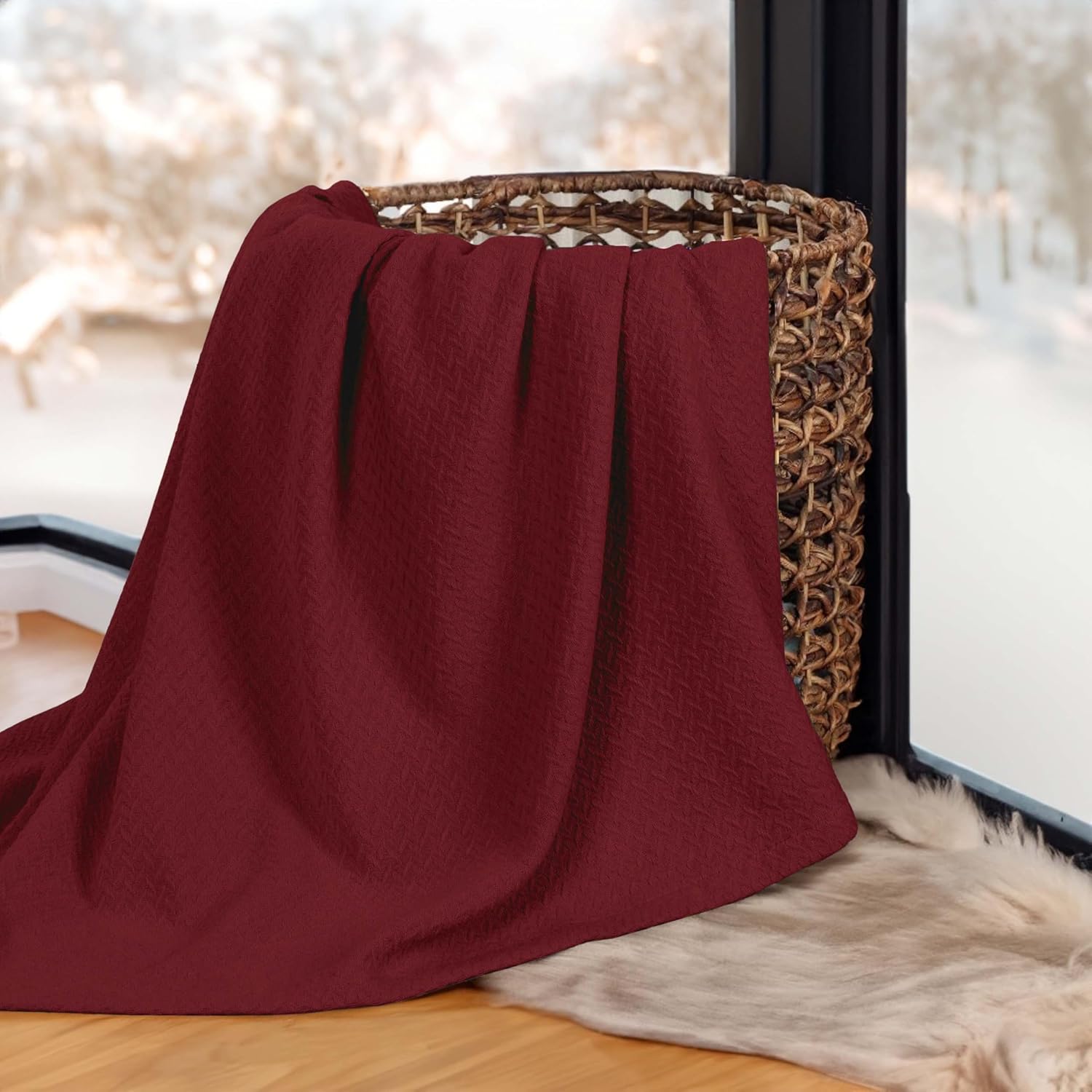Superior Nobel Cotton Blanket, for Picnic, Beach, Traveling or Camping, Bedroom Essentials, Cover for Bed, Couch, Lounging, Textured Jacquard, Classic Chevron Woven Blanket, Twin, Burgundy - Image 15