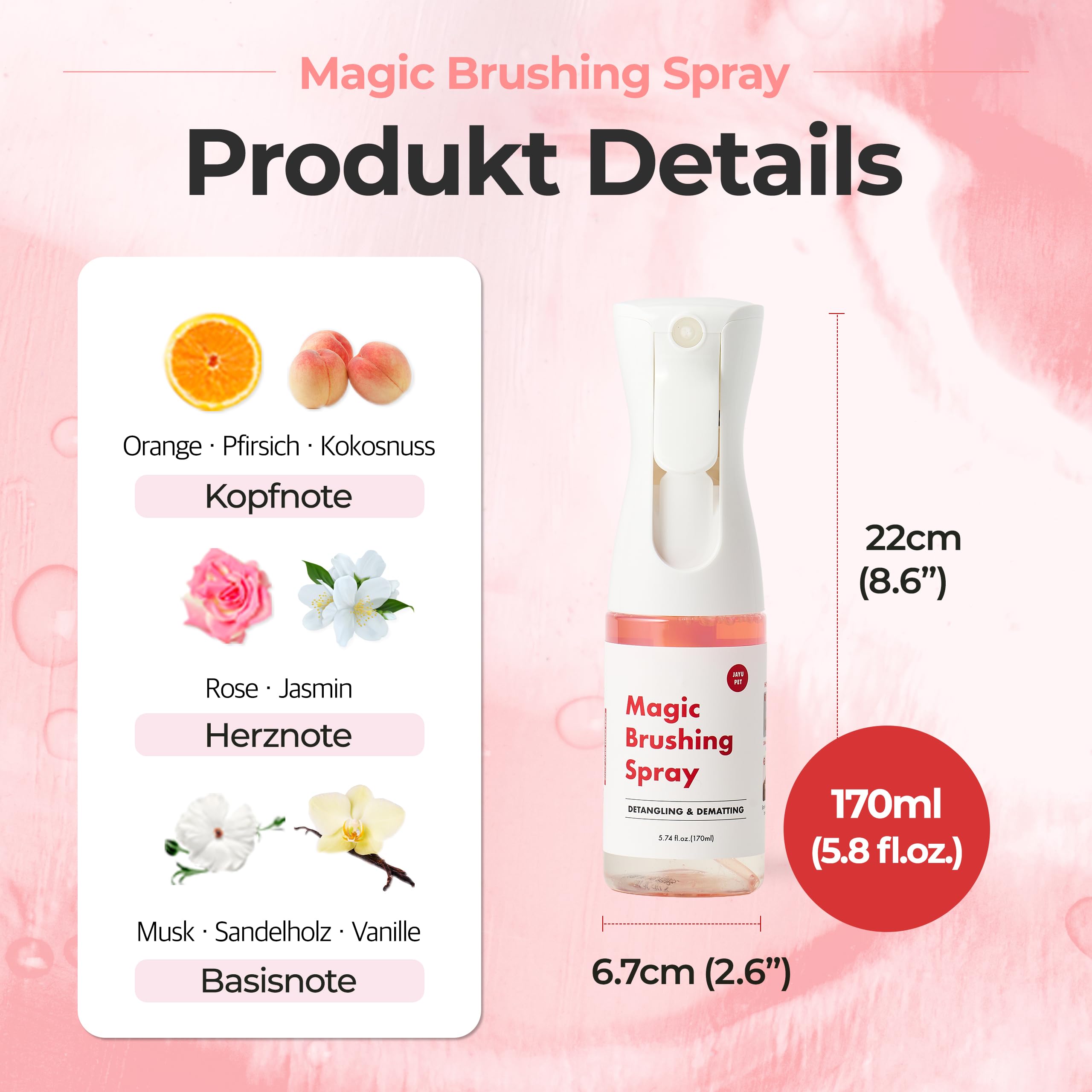 JAYU PET Magic Brushing Spray – Entwirrungsspray für Hunde, gegen Verfilzungen & Juckreiz, hypoallergen, geruchsneutralisierend, Glanz- & Pflegespray (170 ml)