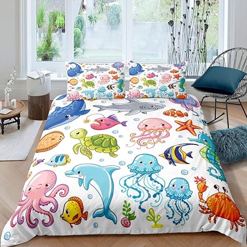 Juego de ropa de cama de tiburón oceánico, funda de edredón de animales de mar profundo de dibujos animados para niños y niñas, ropa de cama