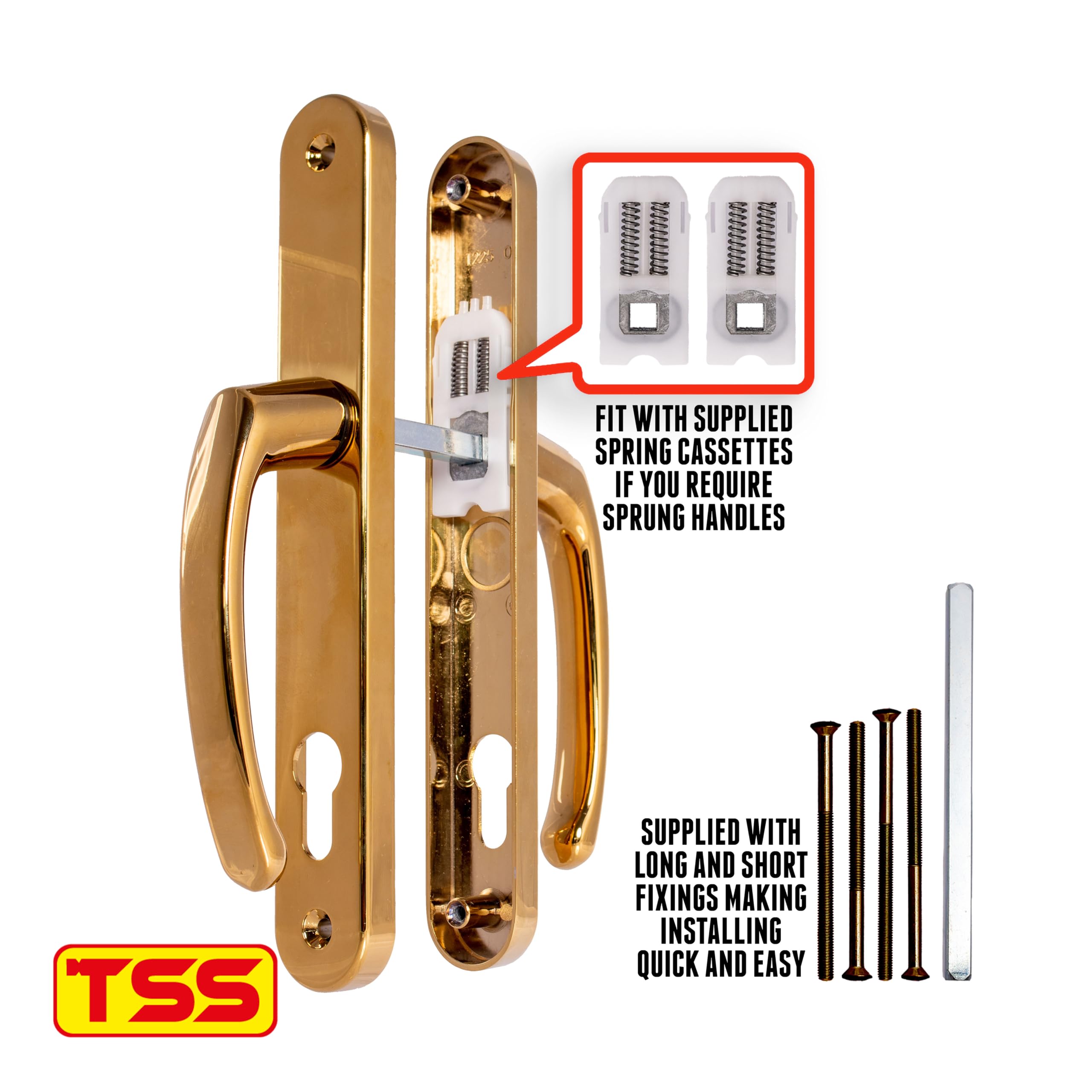 UPVC TSS Door Handle with Lever, PZ Centers, 210mm Backplate, 242x34 UPVC White (Polished Brass), 92mm - Image 2