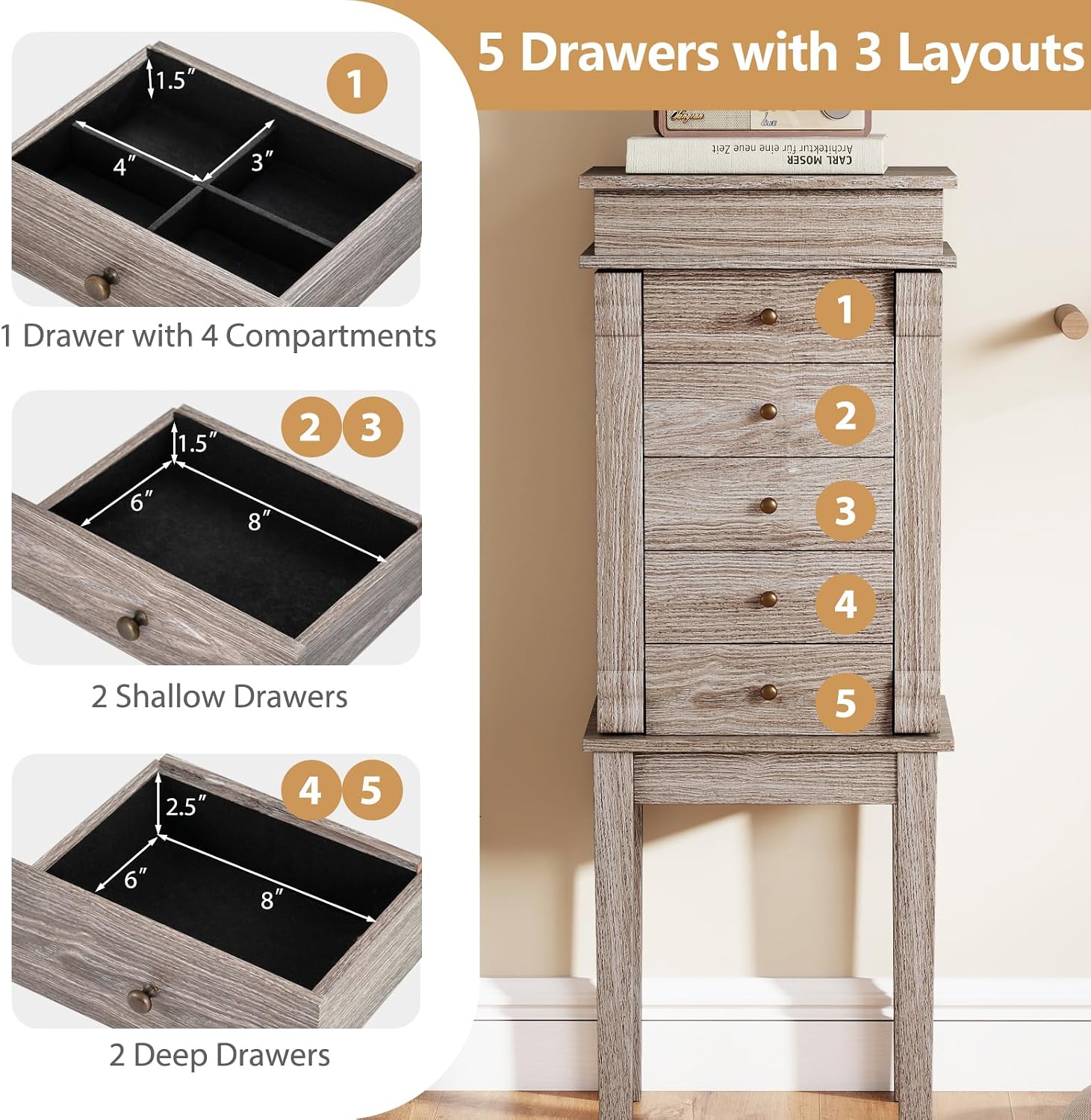 GOFLAME Standing Jewelry Armoire, Jewelry Storage Cabinet with Flip Top Makeup Mirror, 5 Drawers, 2 Side Doors, 8 Necklace Hooks, Solid Wood Legs, Jewelry Cabinet Organizer for Bedroom, Dressing Room