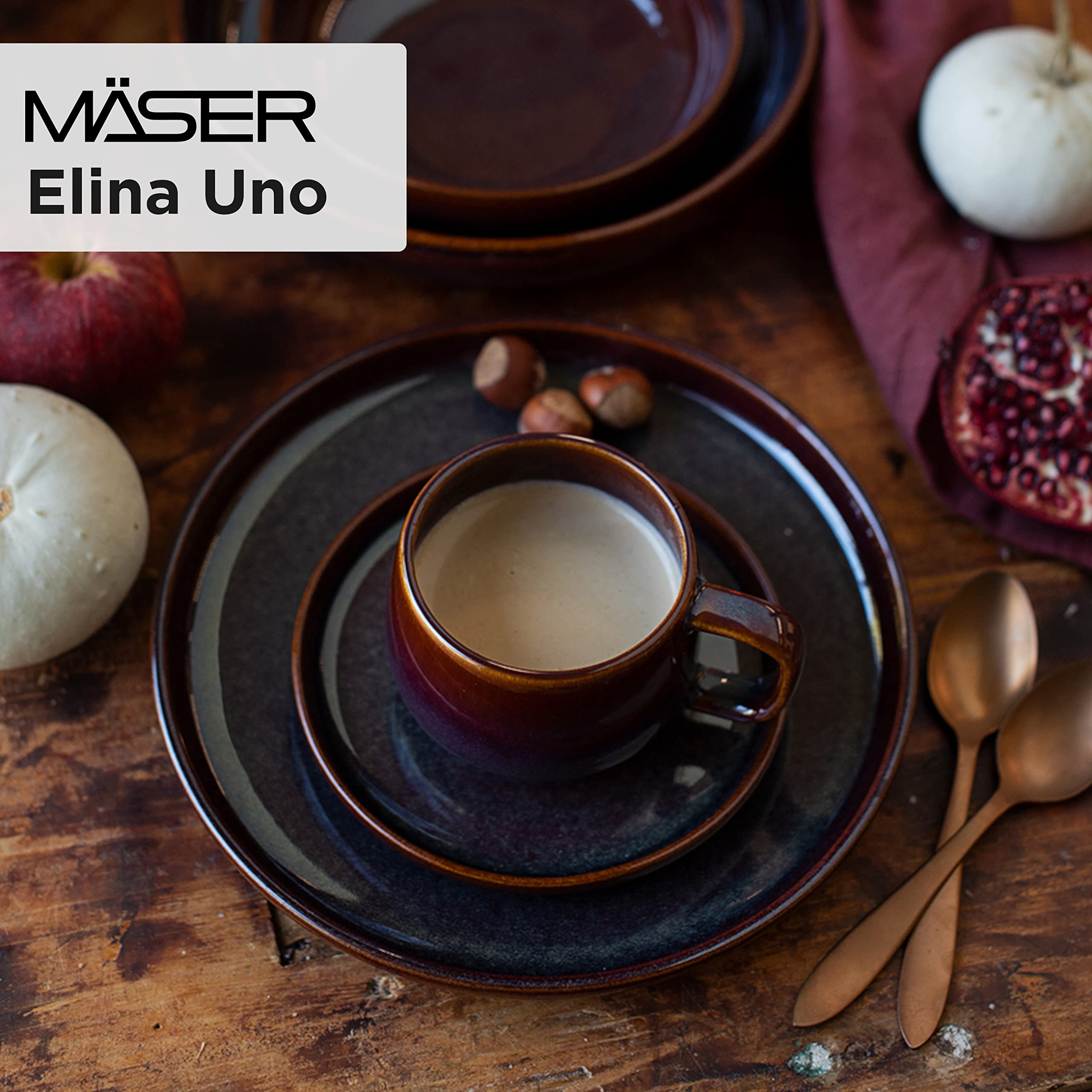 MÄSER Serie Elina Uno, Modernes Kaffeegeschirr Set mit unregelmäßiger Effektglasur für 4 Personen, mit Dessertteller, Kaffeetassen und Untertassen, 12-teiliges Kaffeeservice, Steinzeug, Jungle