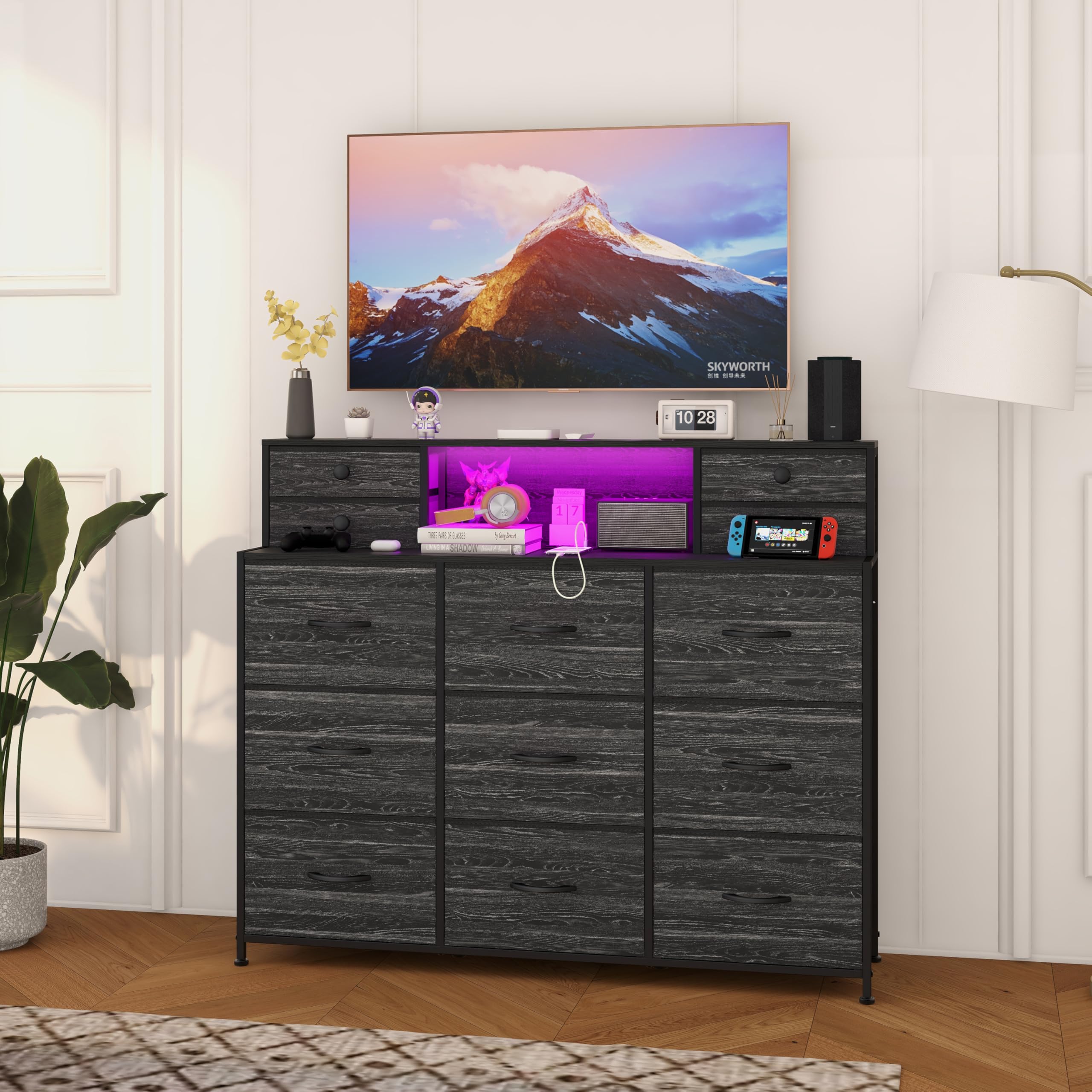 Welfuturer Black Dresser with Charging Station and LED Lights 13 Drawers Dressers for Bedroom Long Dressers & Chests of Drawers for Living Room Hallway Entryway Closets Sturdy Frame Wood Top image_1
