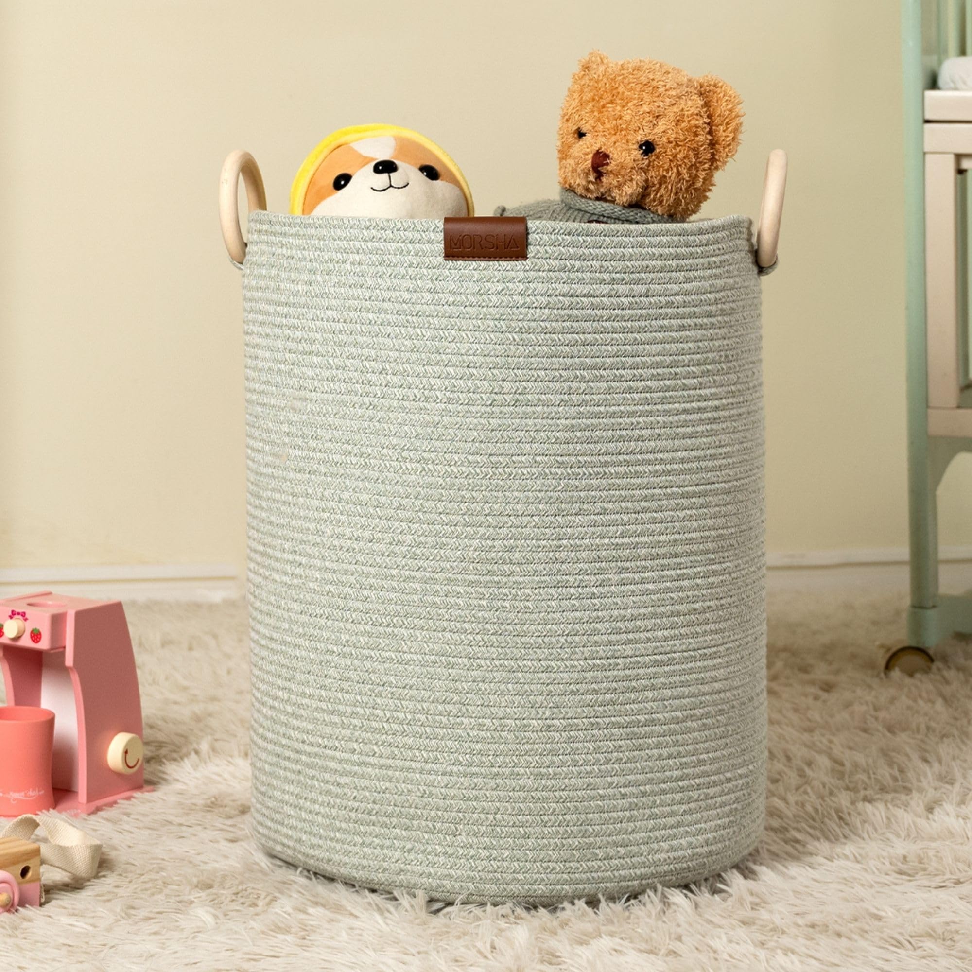 MORSHA Green Large Woven Laundry Basket Hamper,60L Cotton Rope Storage Bin for Blankets,Toys and Clothes,Decorative Tall Nursery Hamper for Living Room,Baby Nursery,Bathroom and Bedroom (1 Pack)