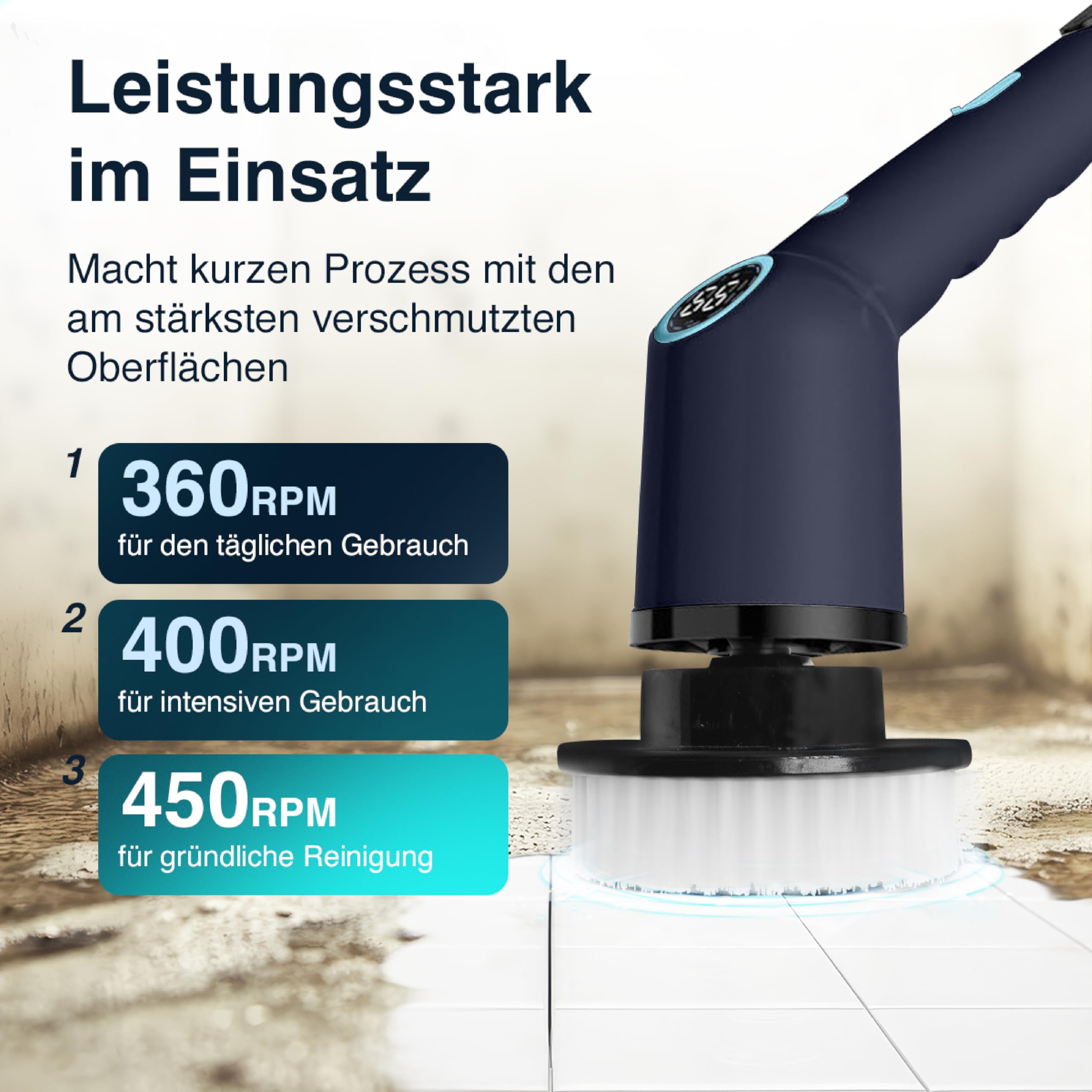 Samako Cepillo de limpieza eléctrico con mango – IPX6 resistente al agua – 9 cabezales – Estropajo con batería para baño, azulejos, ducha y suelo