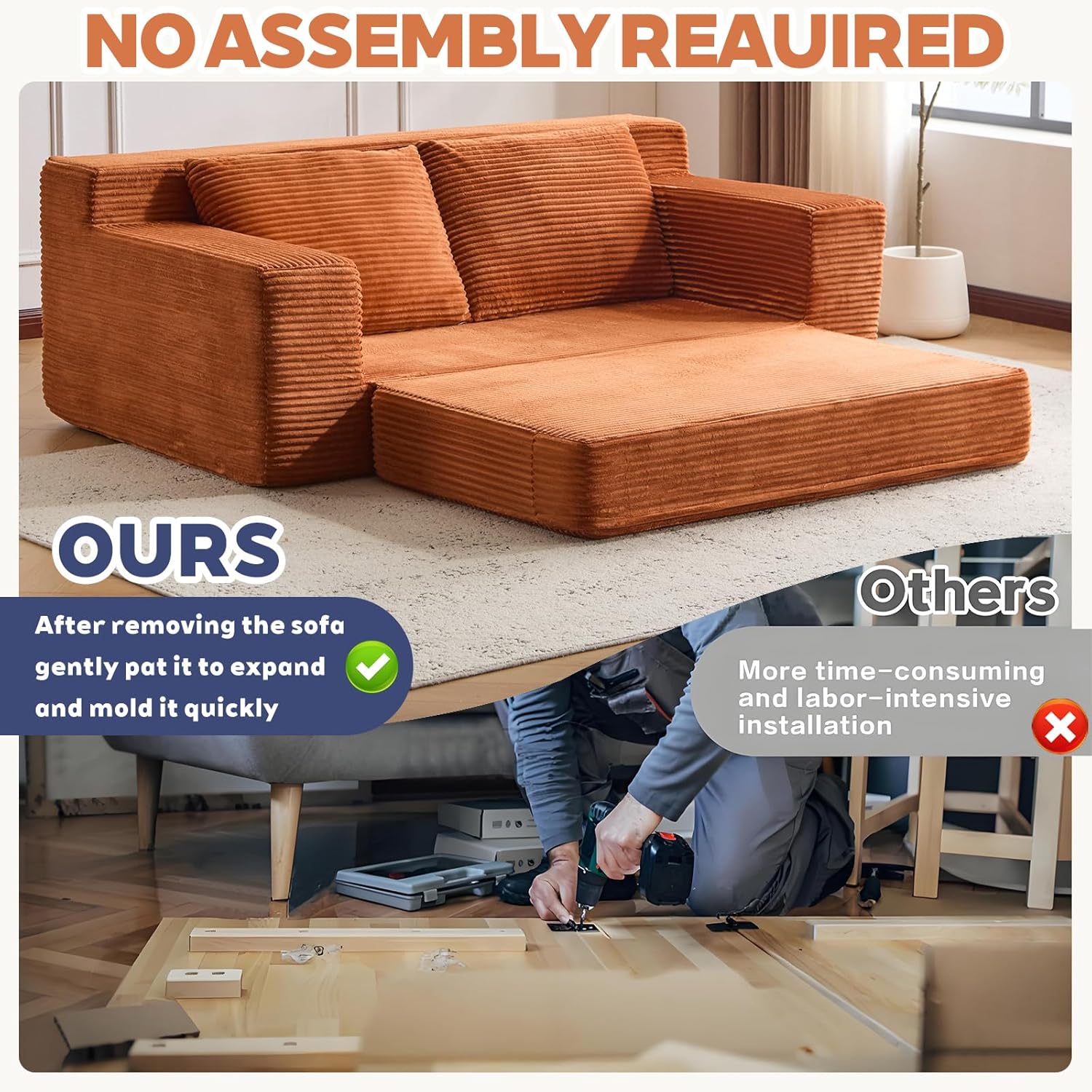 72” Boneless Loveseat Sofa Bed, Small Boneless Futon Couch Bed for Bedroom, Convertible Cloud Loveseat SleeperPlush Corduroy Memory Foam/Free Assembly (Orange)