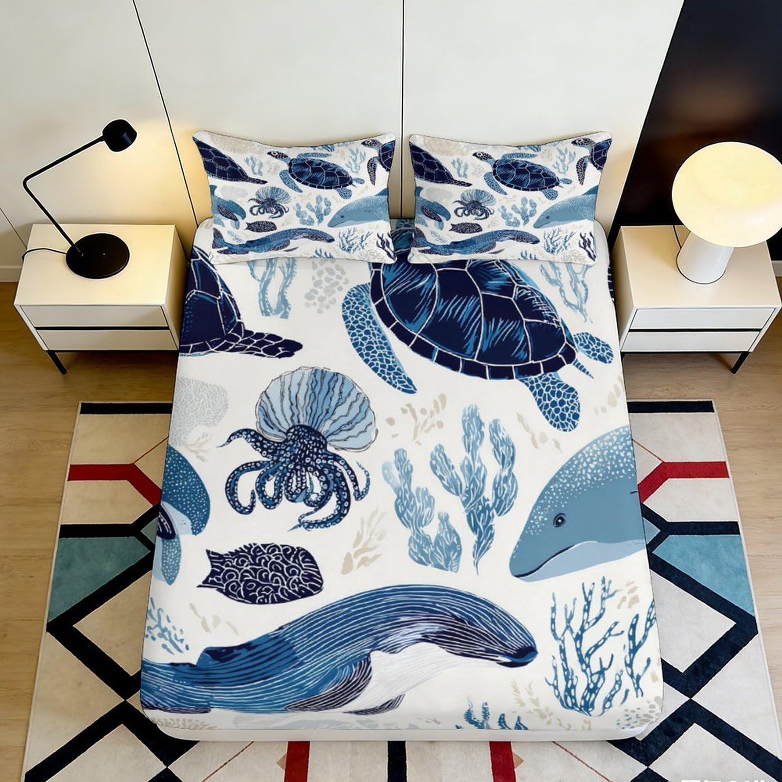 Pnayamiorkfel Style-8 3D Printed Ocean Turtle Fitted Sheet Microfiber Whale Octopus Mattress Cover For Bedroom Dorm Easy Care Anti-Slip Decor 90X200x25cm