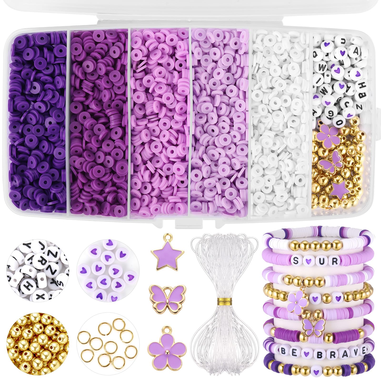 Purple Clay Beads, Purple Beads for Jewelry Making, 5000Pcs Heishi Beads for Friendship Bracelets Making Kit with Charms Letter Gold Beads, Party