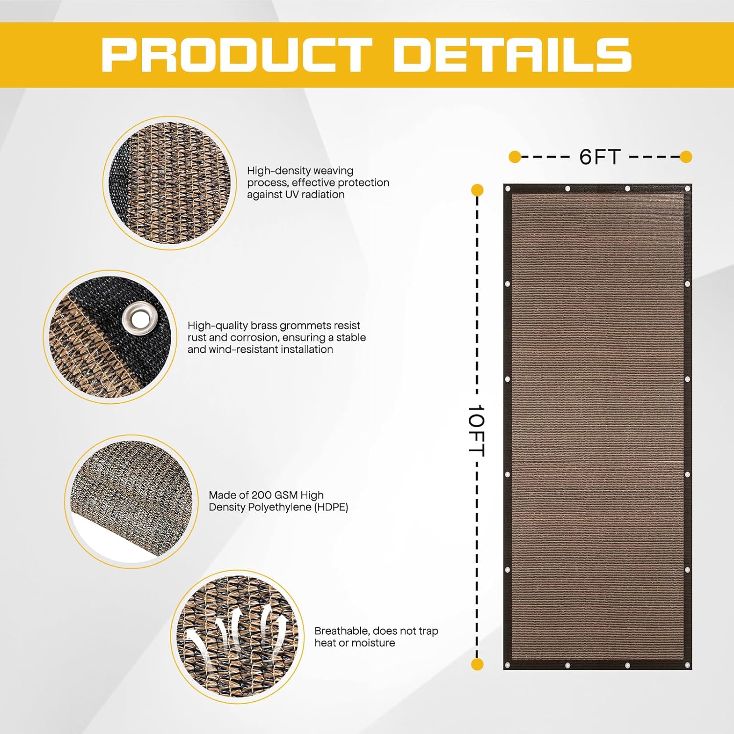 6'x 10' Sun Shade Cloth, Mocha Outdoor Pergola Shade Cover with Grommets, 90% UV Block Privacy Screen for Patio, Garden, Backyard