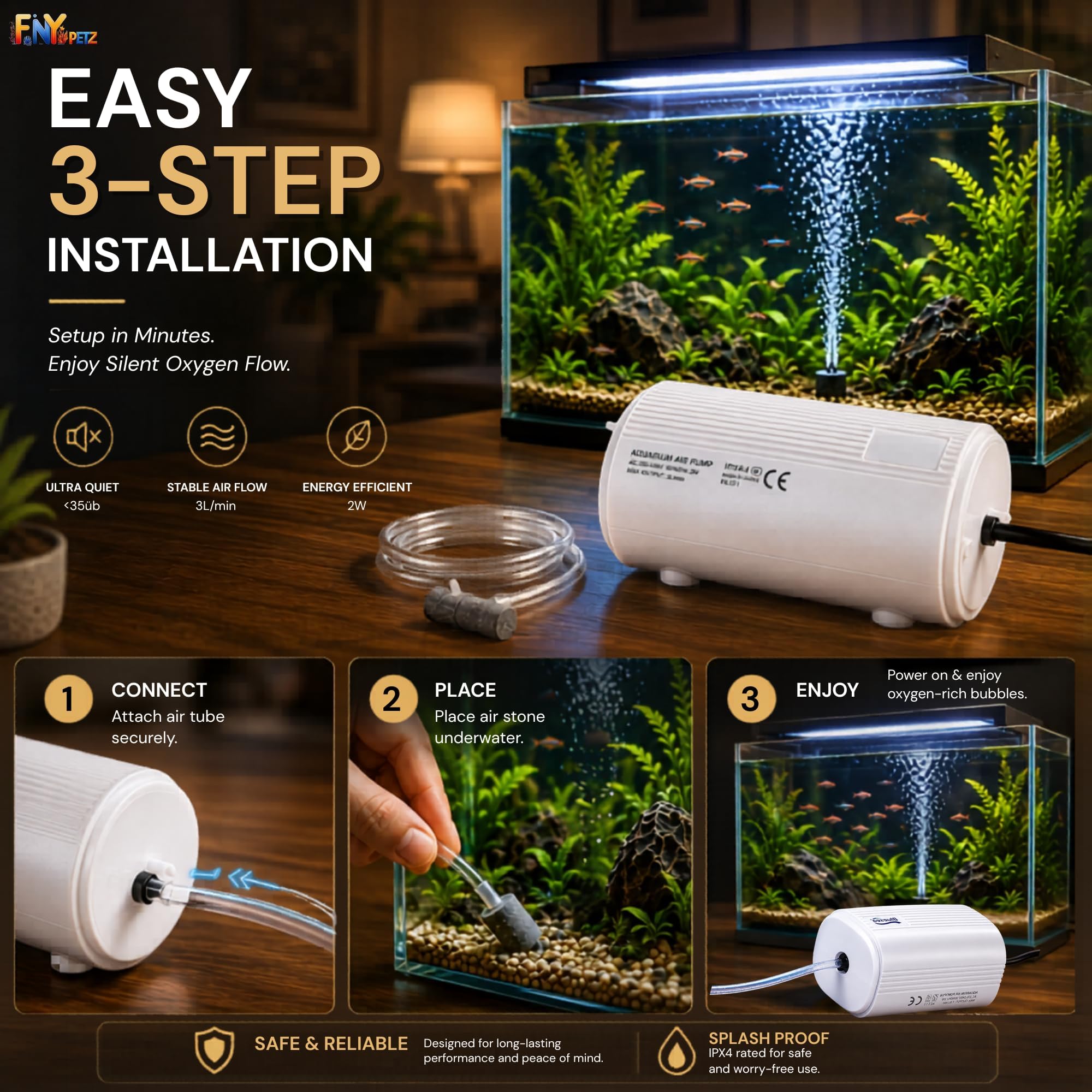 Quiet Aquarium Air Pump - Oxygenation for Fish Tanks -3 Quiet Aquarium Air Pump - Oxygenation for Fish Tanks -3