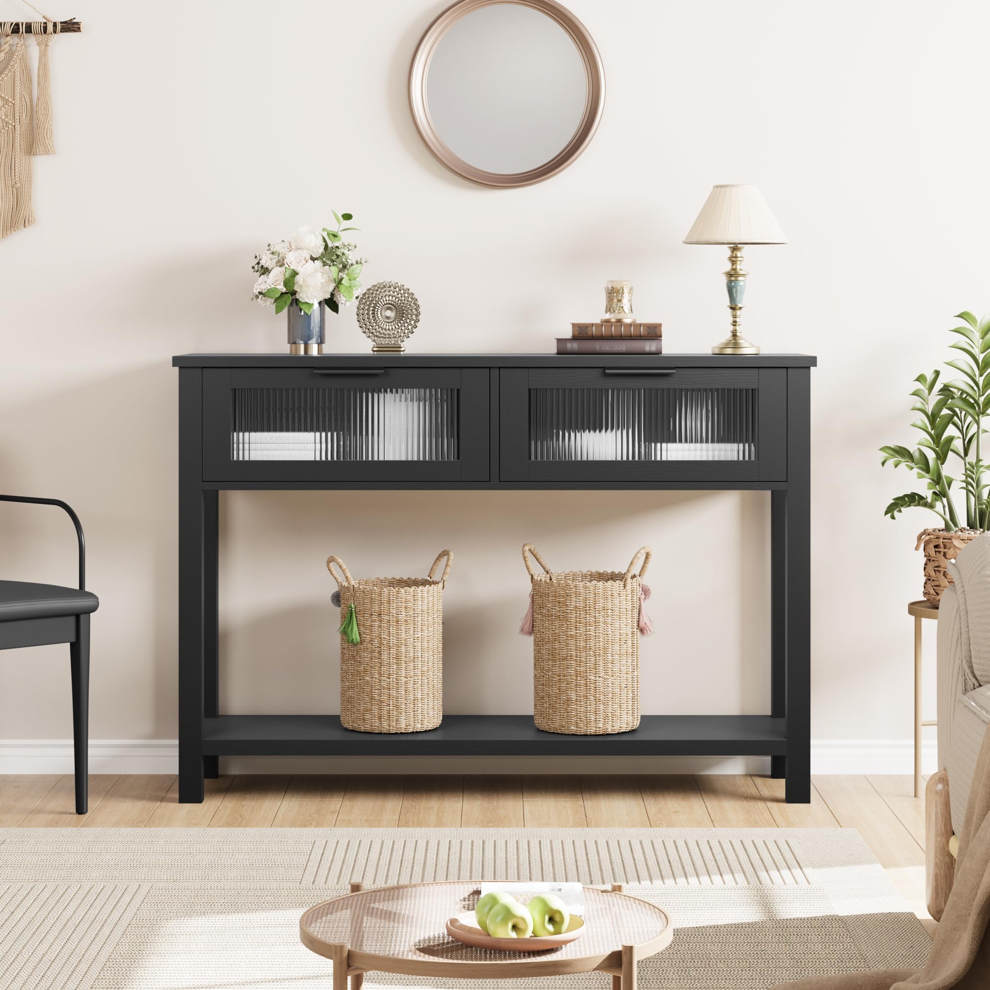 Garvee Console Table with 2 Fluted Glass Drawers & Open Shelf, 110cm Narrow Hallway Table, Wooden Sofa Side Table for Living Room, Entryway, Corridor, Black