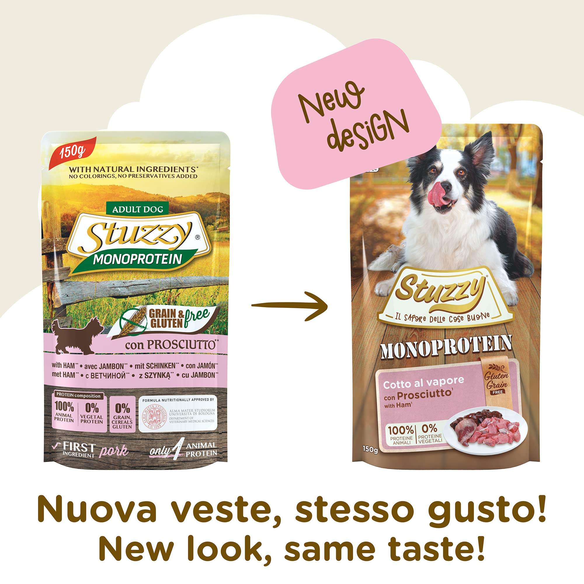 Stuzzy Monoprotein Grain & Gluten Free Cibo Umido per Cani Adulti Gusto Prosciutto Patè 1,8kg (12x150g)