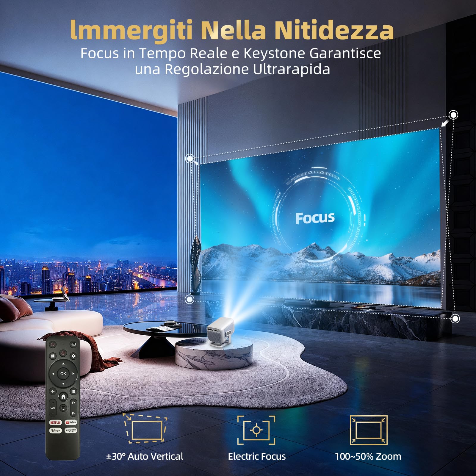 Beamer 4K [Kompatibel mit Netflix | Dolby Audio] 700 ANSI Smart-Projektor für Heimkino, Full HD 1080P, Autofokus, vertikale Trapezkorrektur fürs Auto, Kurzdistanzprojektor (Weiß)