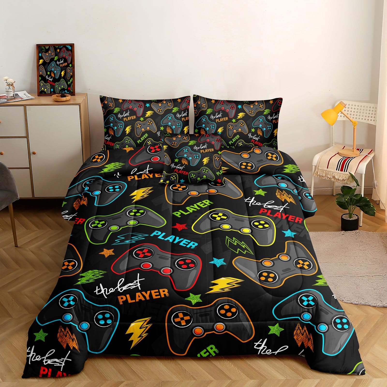 ROWADALO 6 Pieces Gaming Bedding Set for Boys Gamer Comforter Set Full Size,Game Controller Comforter for Boys Kids 6 Pieces Bed in A Bag 3D Gamepad