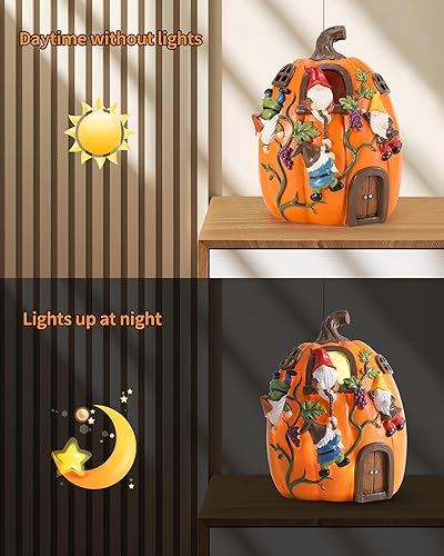 Miniatura 2 de iStatue Decoraciones iluminadas de mesa de Acción de Gracias, resina de 8.7 pulgadas, 4 gnomos de otoño, enredaderas de uva, centro de mesa de