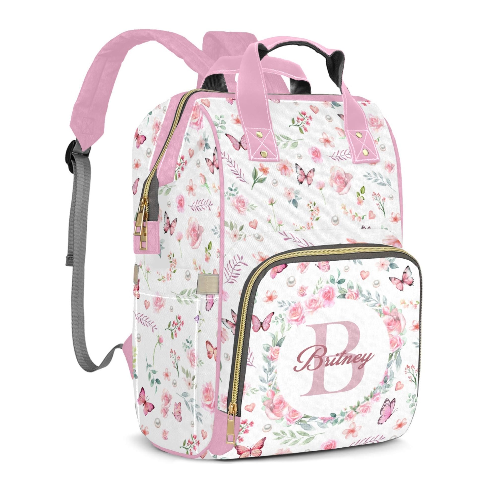 Perarts Large Capacity Custom Diaper Bag for Baby Girls with Name, Pink Floral Multifunctional Mom Personalized Diaper Bag Backpack Waterproof Women