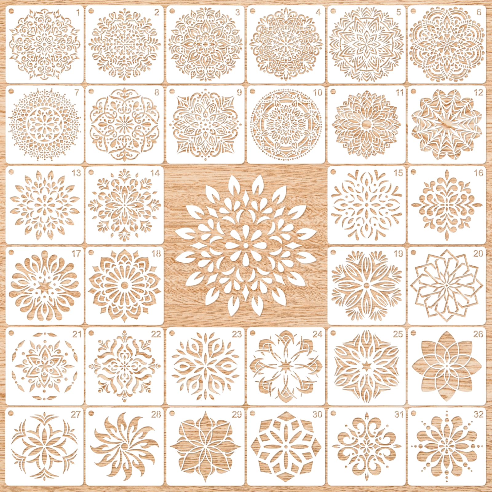 MWOOT 32 Stück Mandala Schablone, Wiederverwendbare DIY Malerei Vorlage Stencil Kits, Mandala Stencils Schablone Malen für Felsenstein Malerei Leinwand Möbel Handwerk (12x12 CM)