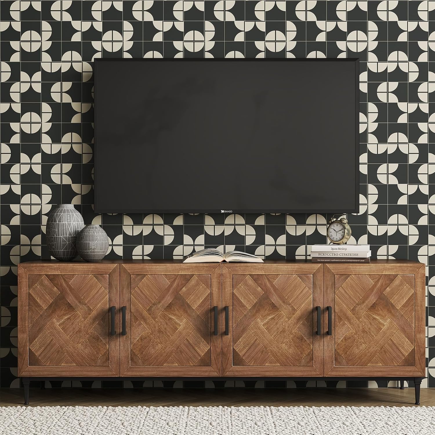 GloryTik Black Geometric Peel and Stick Wallpaper，Modern Self Adhesive Waterproof Waterproof Self Adhesive, Vintage Contact Paper for Bedroom Bathroom Cabinets Decor Vinyl 17.3'' x 200''