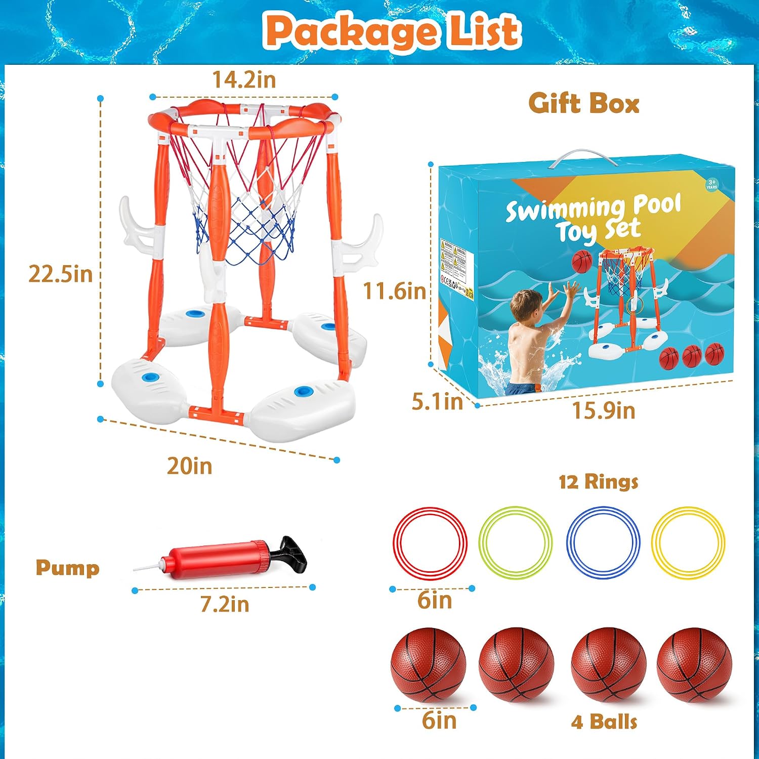 Pool Basketball Hoop, 2-in-1 Floating Pool Toys 360° Shooting Ring Toss Games with 4 Balls 12 Rings & Pump, Indoor Outdoor Swimming Pools Basketball Water Play Toy for 4-8 8-12 Kids Adults