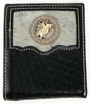 Western Genuine Woven Leather Cowhide Mens Bifold Short Wallet in Multi Emblem Black Rodeo