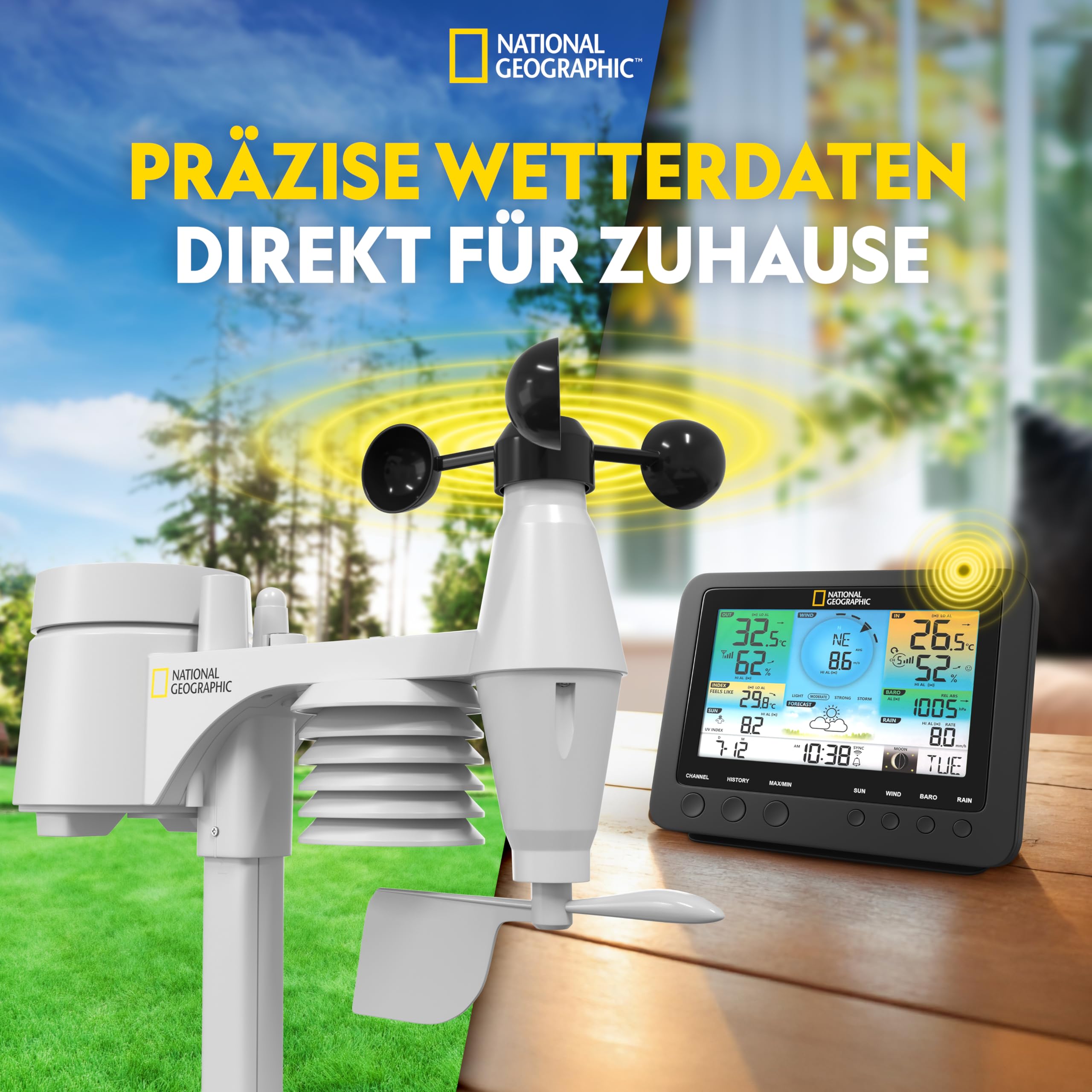 National Geographic Wetterstation Funk mit Aussensensor WLAN Farbwettercenter mit 7-in-1 Profi-Sensor für Wind, Luftfeuchtigkeit, Temperatur, Niederschlag, UV-Level und Lichtintensität, LED, Schwarz | Innentemperatur und Außentemperatur, Luftfeuchtigkeit,