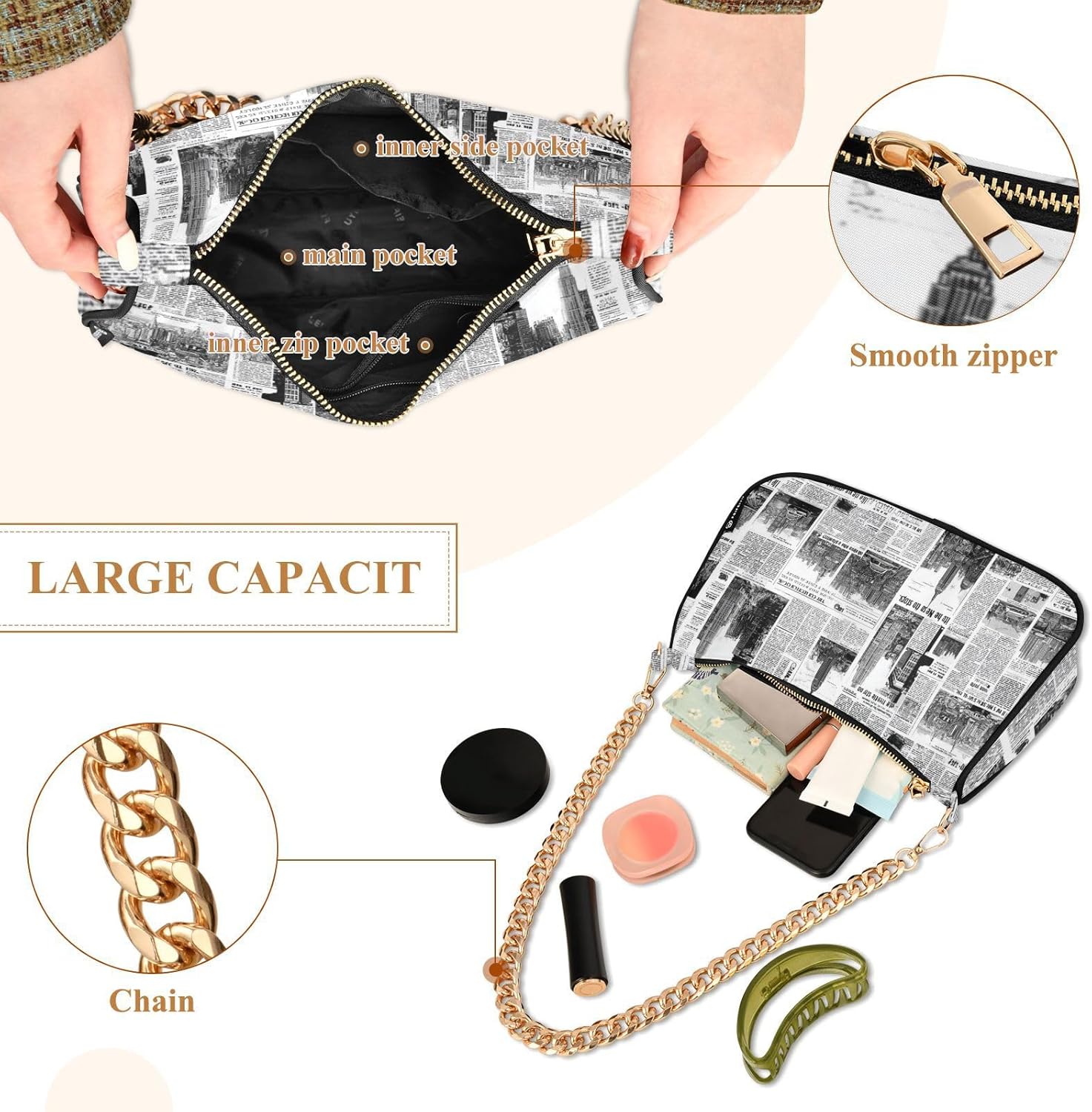 OTVEE Newspaper Pattern Shoulder Bags Mini Small Handbags Clutch Trendy Purses for Women - Image 4