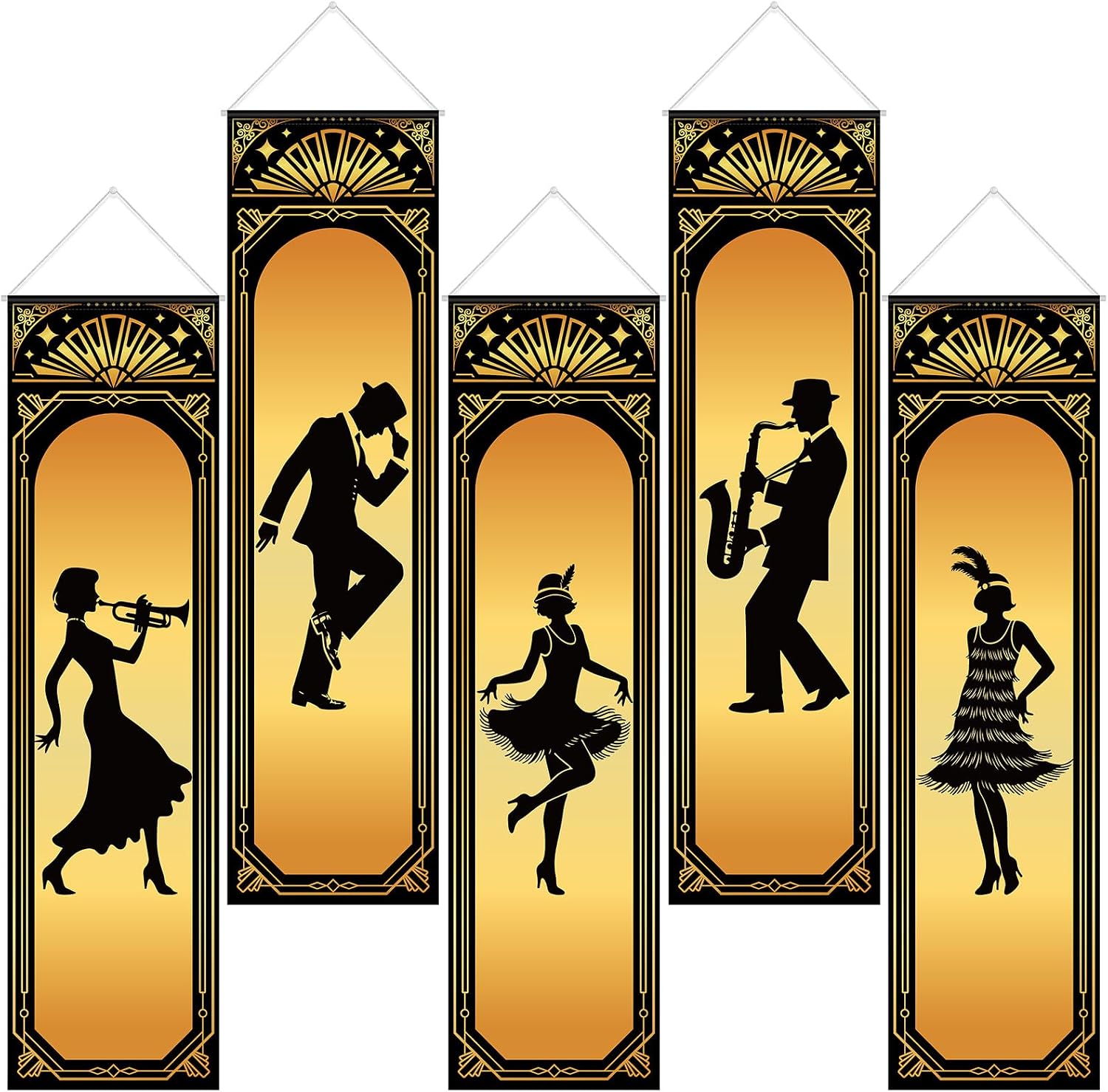 5 Pcs Roaring 20s Party Decorations Black Gold 1920s Hanging Banner