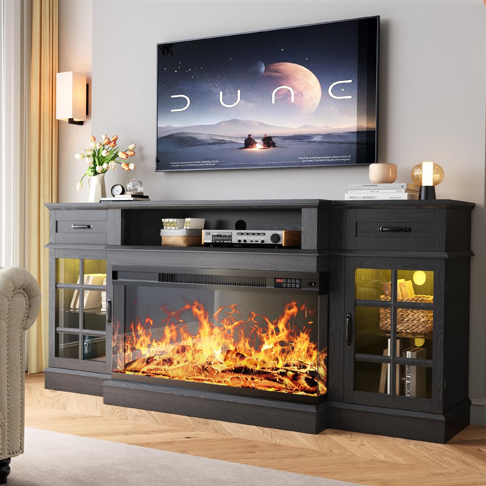 oneinmil 70" Fireplace TV Stand with 3-Sided Glass Fireplace, Modern Wood Entertainment Center with LED Lights and Glass Door, 36" Fire Place TV
