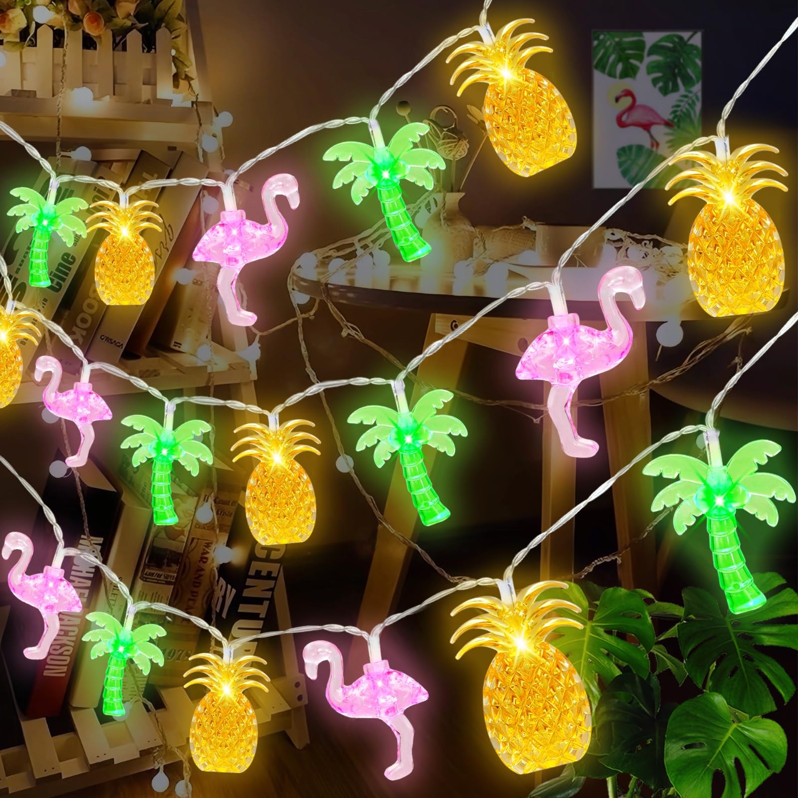 Couah 30 LED 16Ft Christmas Hawaiian String Lights - 8 Modes & Timer - Flamingo Pineapple Palm Tree Fairy Lights - Battery Operated for Tropical Party Pool Christmas Decorations