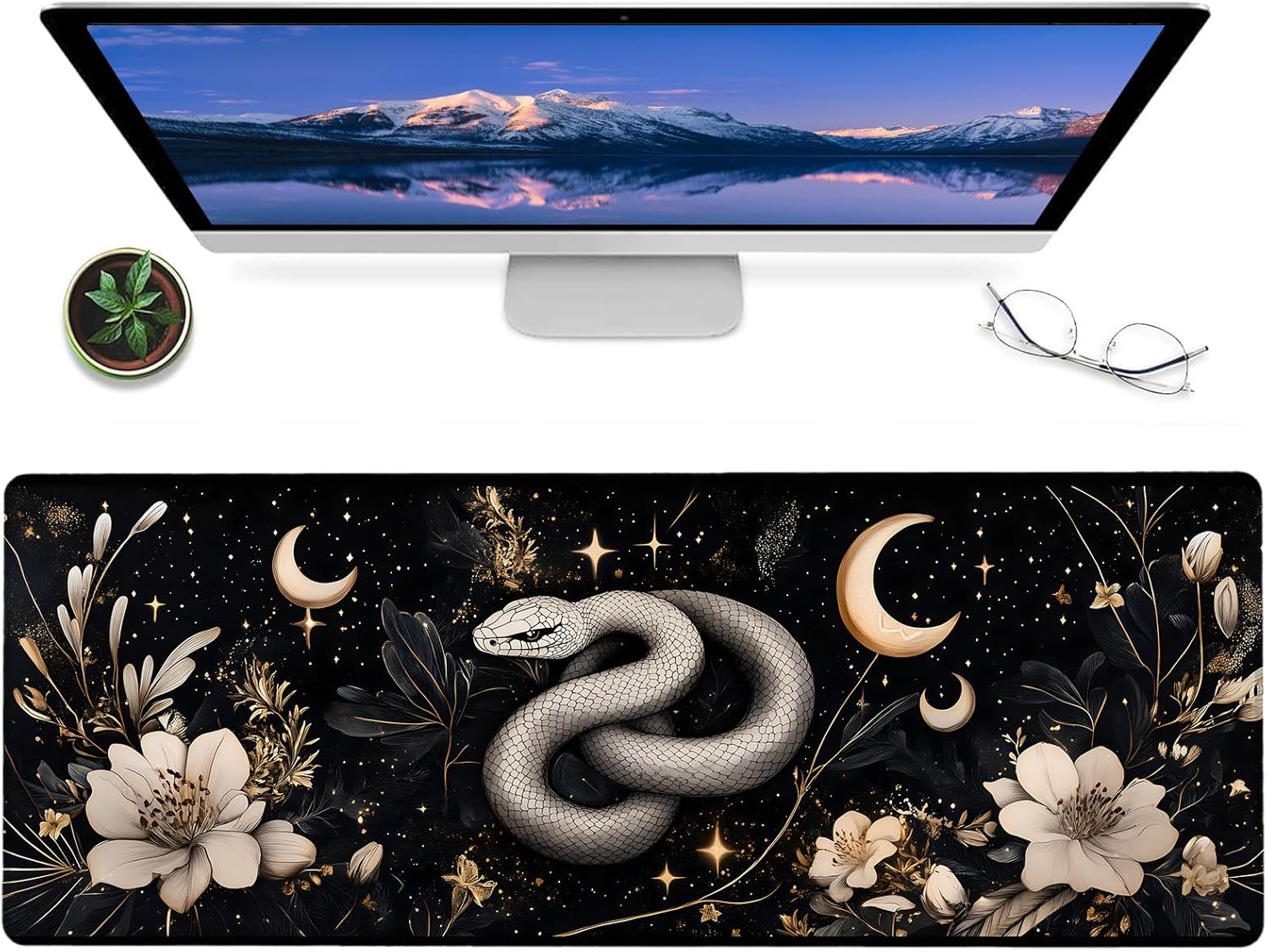 Celestial Snake and Moon Gaming Mouse Pad – 12x31.5in Non-Slip Rubber Desk Mat with Mystical Floral Design – Large Extended Mousepad for Office Home – Deskmat Gifts for Gothic Astrology Decor