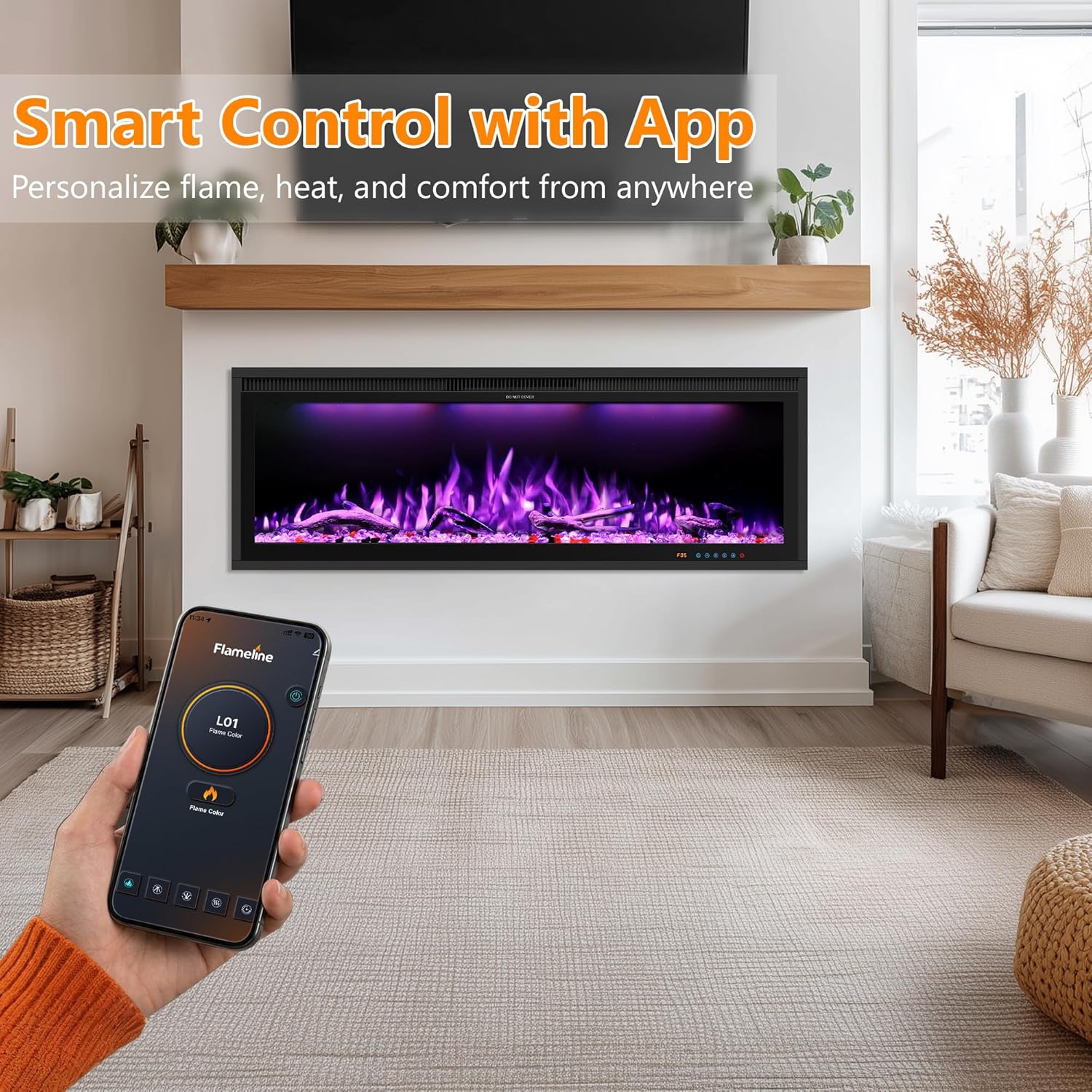 60" WiFi Electric Fireplace Insert, Ultra-Narrow Bezel Fireplace Heater with APP Control, 3 Top Light Colors, 13 Flame & Fuel Bed Colors, 9H Timer, Recessed/Wall Mounted, 750/1500W, Black