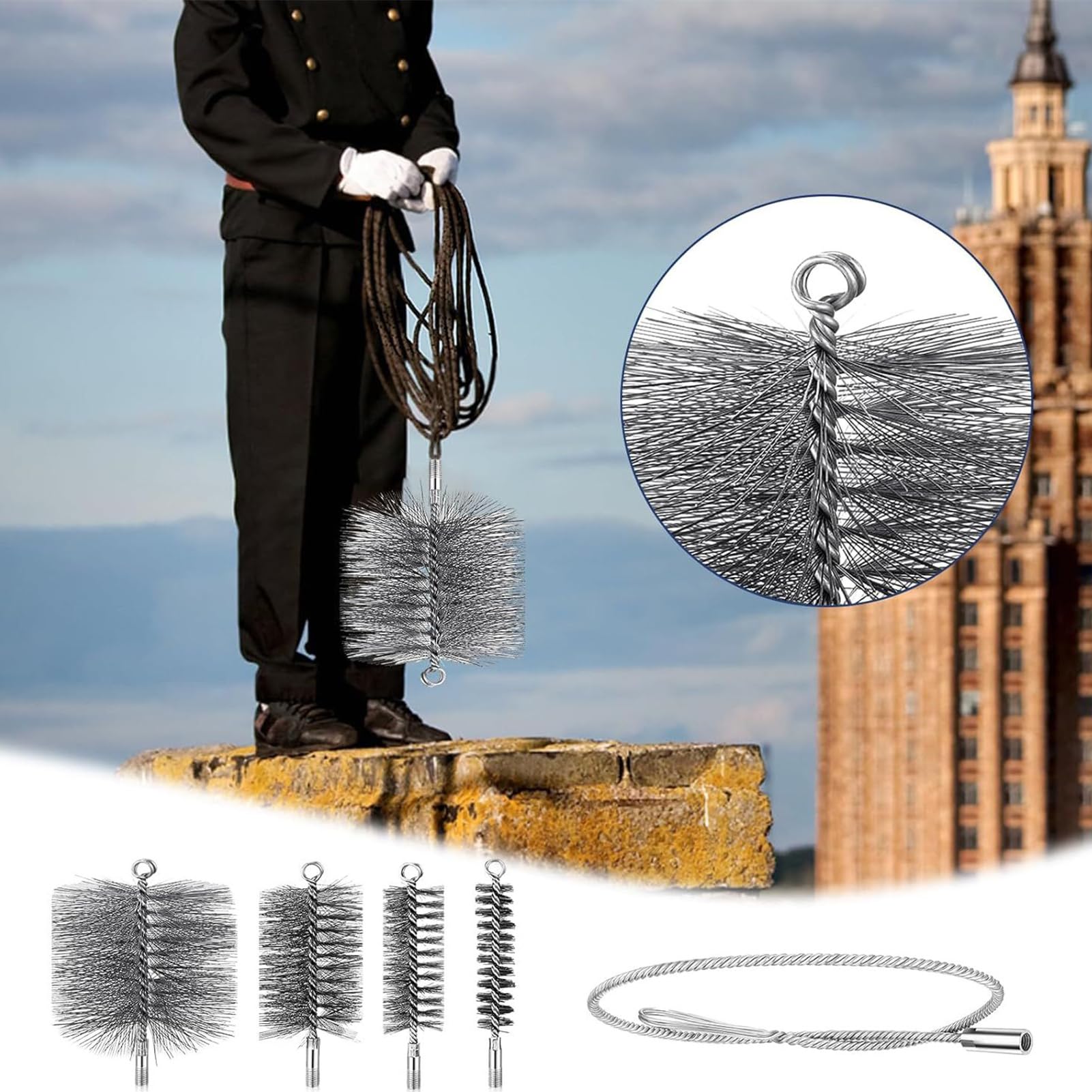Juego de Cepillos para Limpieza de Tubos de Estufa,Cepillo Limpiador de Tubos para Chimeneas Acero Inoxidable - Kit Completo Limpieza Flexible Secadoras Calderas Parrilla Hogar