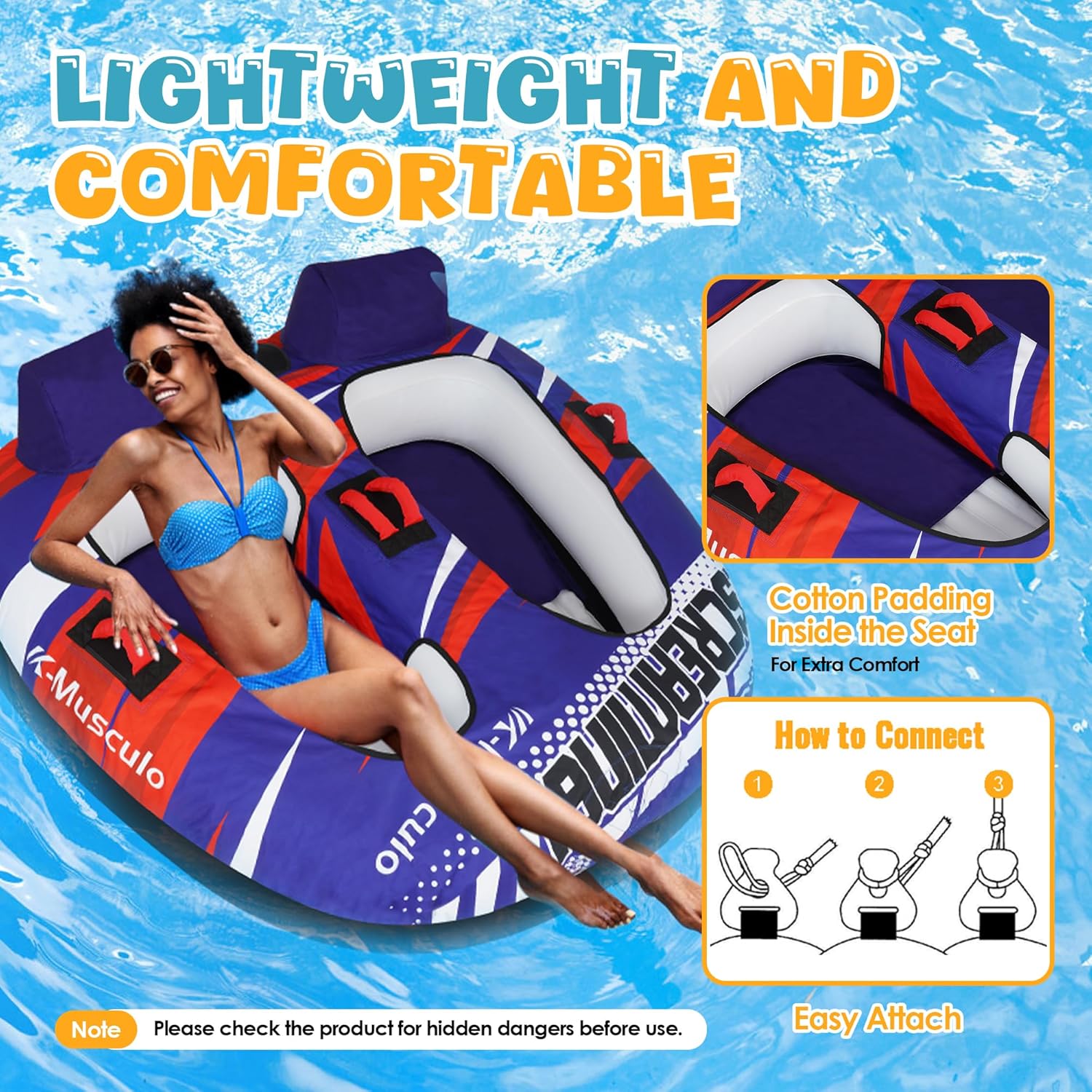 K-Musculo Towable Tubes Heavy Duty Water Tubes - 2 Person 360° wrap, Boat Tubes & Towables, EVA Foam Pads, Drainage, Super Safe Handle, Quick Connector