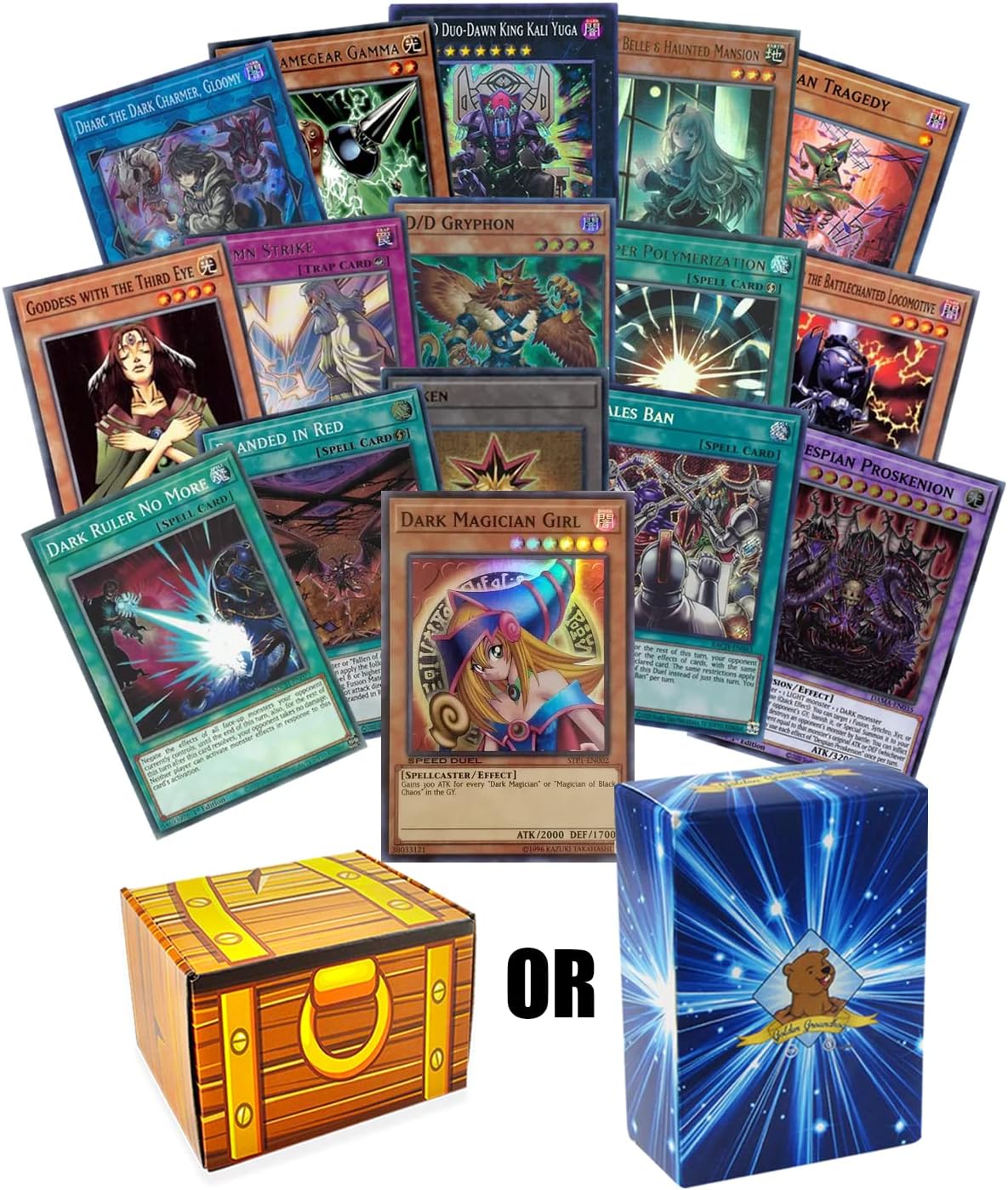 Yugioh 100 Card Lot - Featuring 1 Dark Magician Girl Card! Includes 5 Rares - 4 Holo Foils! Includes Golden Groundhog TCG Deck Box!