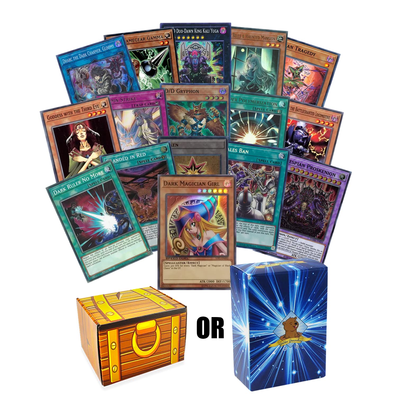 Yugioh 100 Card Lot - Featuring 1 Dark Magician Girl Card! Includes 5 Rares - 4 Holo Foils! Includes Golden Groundhog TCG Deck Box!