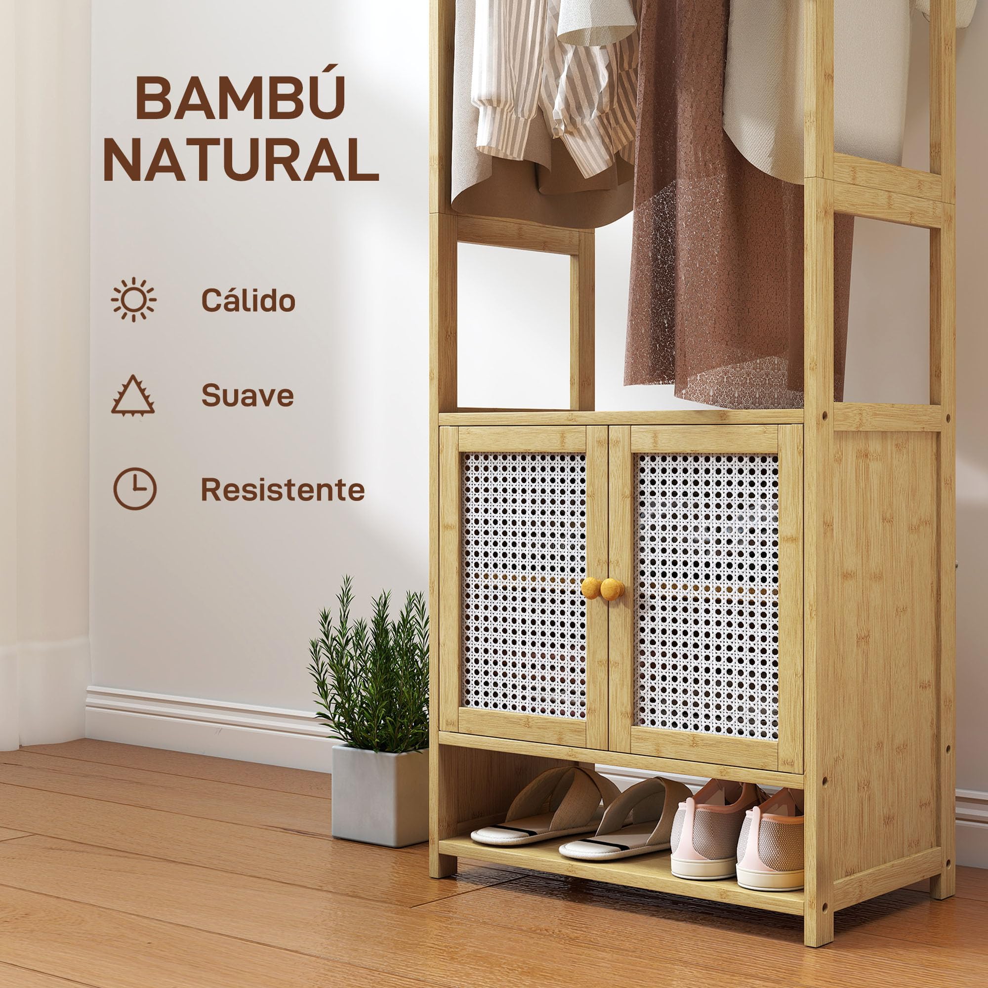 HOMCOM Perchero con Armario, Perchero para Ropa de Bambú, con Zapatero, Barra para Colgar, Estante Ajustable, para Entrada, Pasillo, Dormitorio, 53x31x168 cm, Natural
