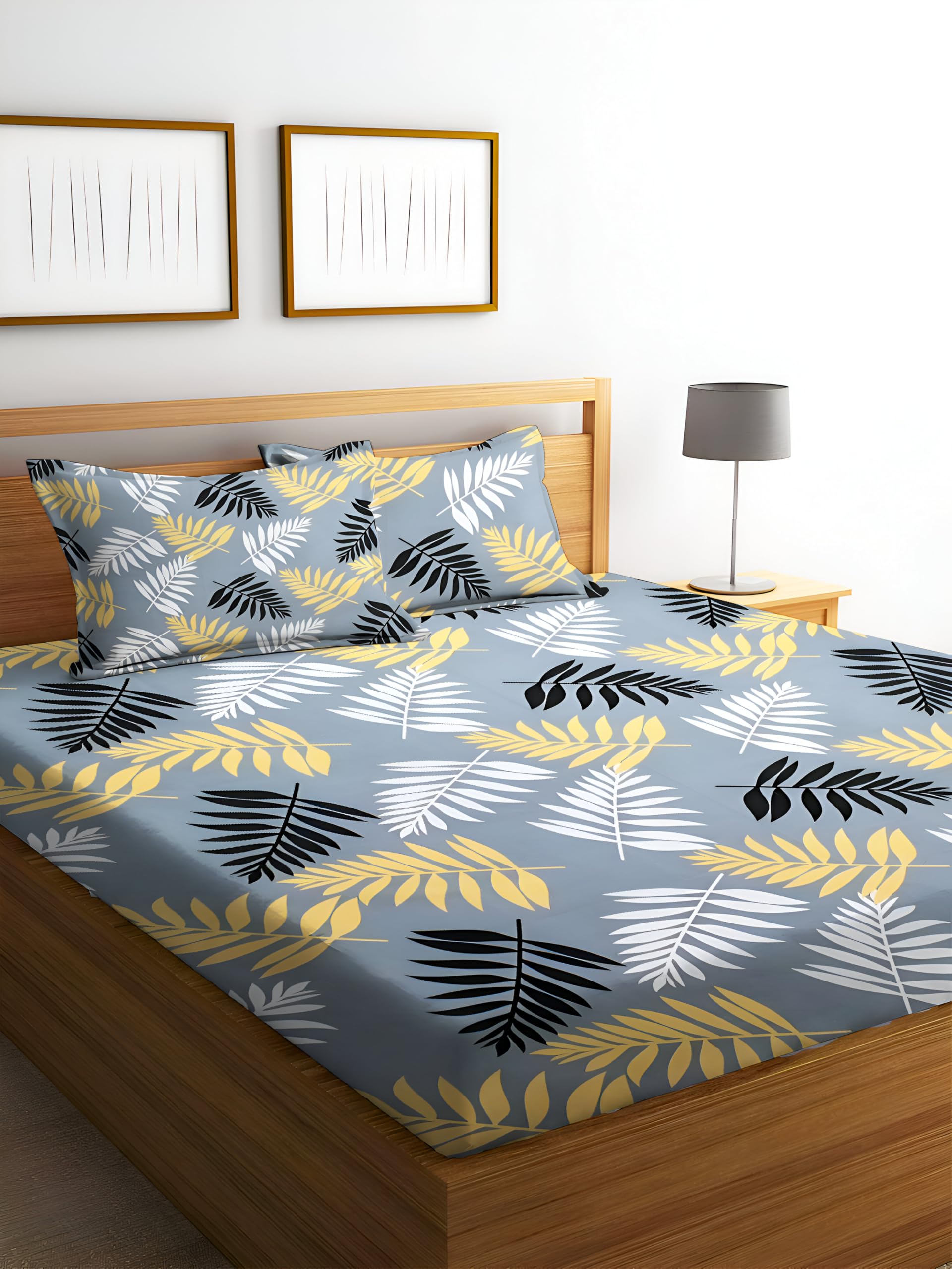STARNSTYLE Polycotton 220 TC Floral Printed King Size Double Bedsheet with 2 Pillow Covers, (90 x 90 Inches, Leaf Grey