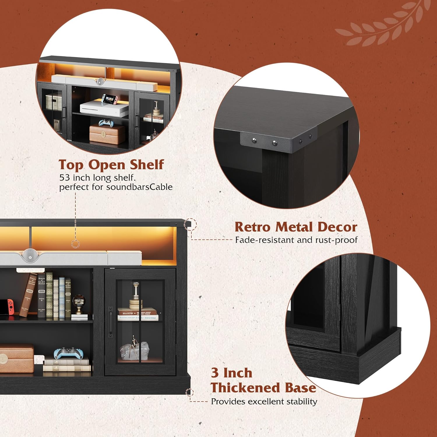Top open shelf, retro metal decor, and thickened base