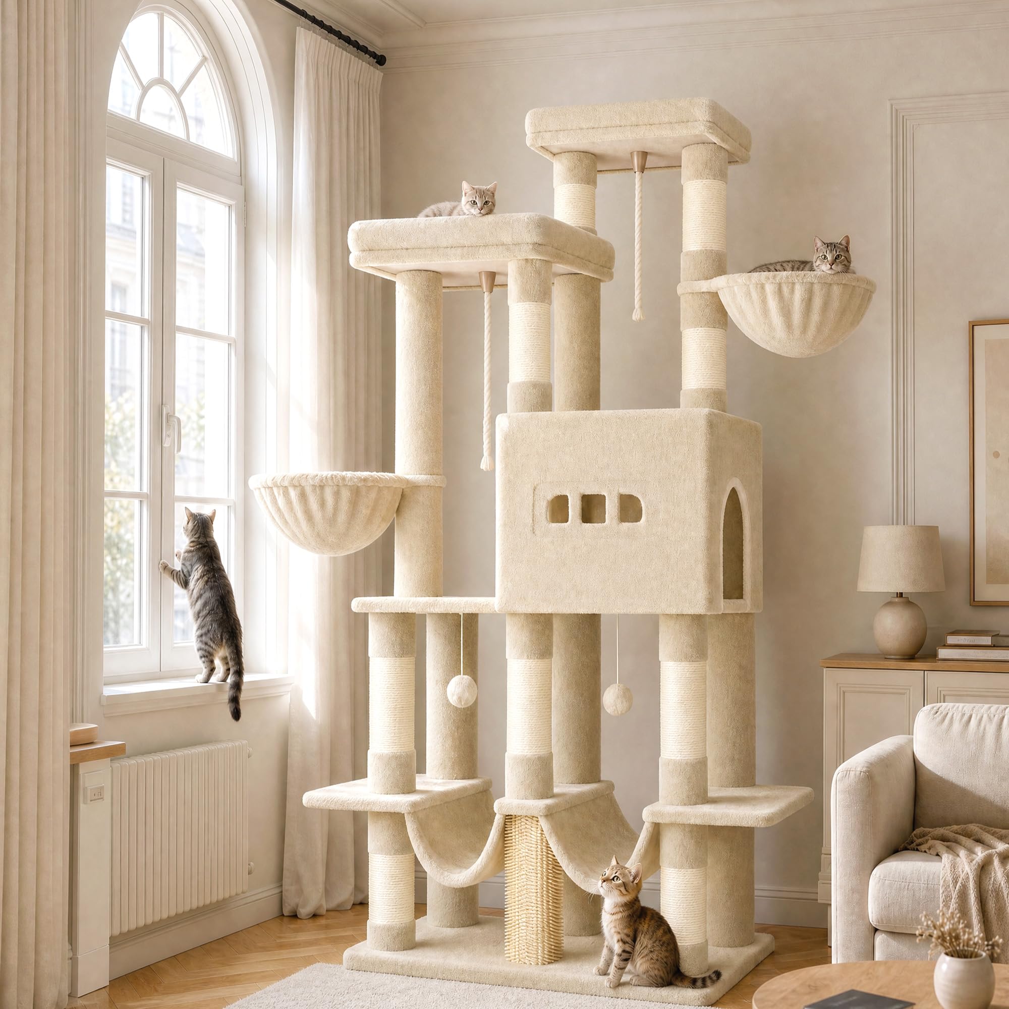 Hzuaneri Cat Tree, 176 cm XL Large Cat Tree for Maine Coon, Tall Cat Tower for Large Cats with 9 Scratching Posts, Widened Baseboard Condo, 2 Platforms, 2 Hammocks, 2 Baskets, Beige MS17218YL