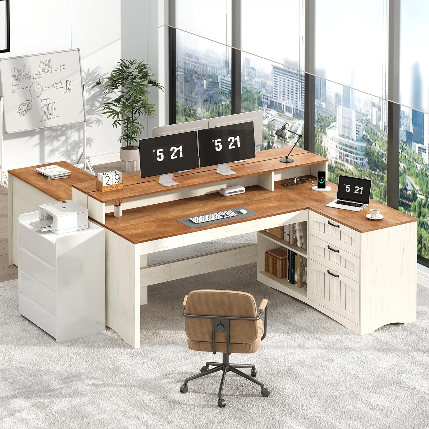 YOMILUVE Farmhouse L Shaped Desk, 61" Home Office Desk with Drawers and Storage Shelves, L Shaped Computer Desk with Power Outlet, Executive Desk with Monitor Stand, Printer Shelf, Brown and White