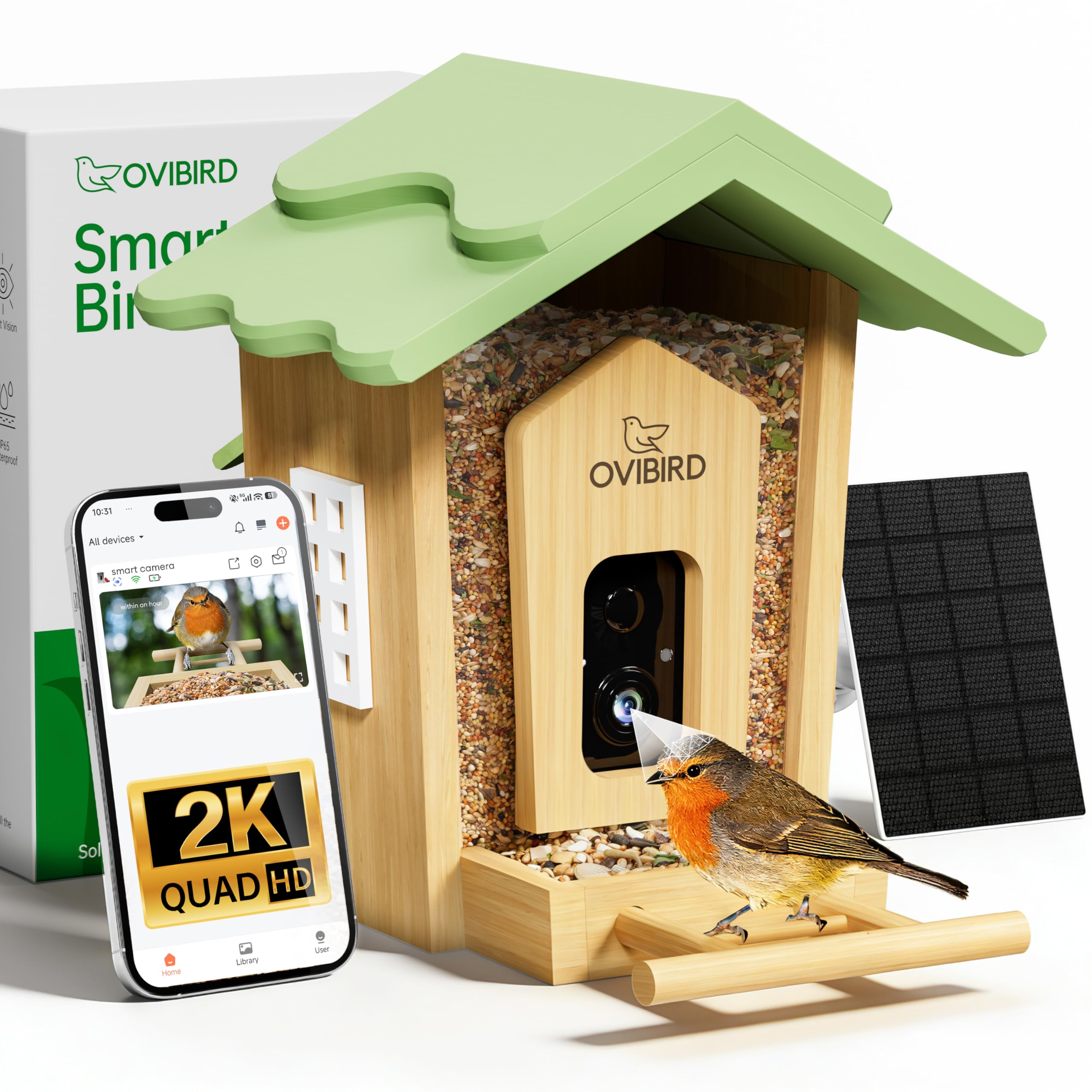 Photo 1 of ***MISSING PARTS****Smart Bird Feeder with Camera, 2K Video Bamboo Bird Feeders with Solar Powered, IP65 Waterproof, AI Birds ID for 10,000+ Species, WiFi Birdhouse Camera for Birds Watching Gifts